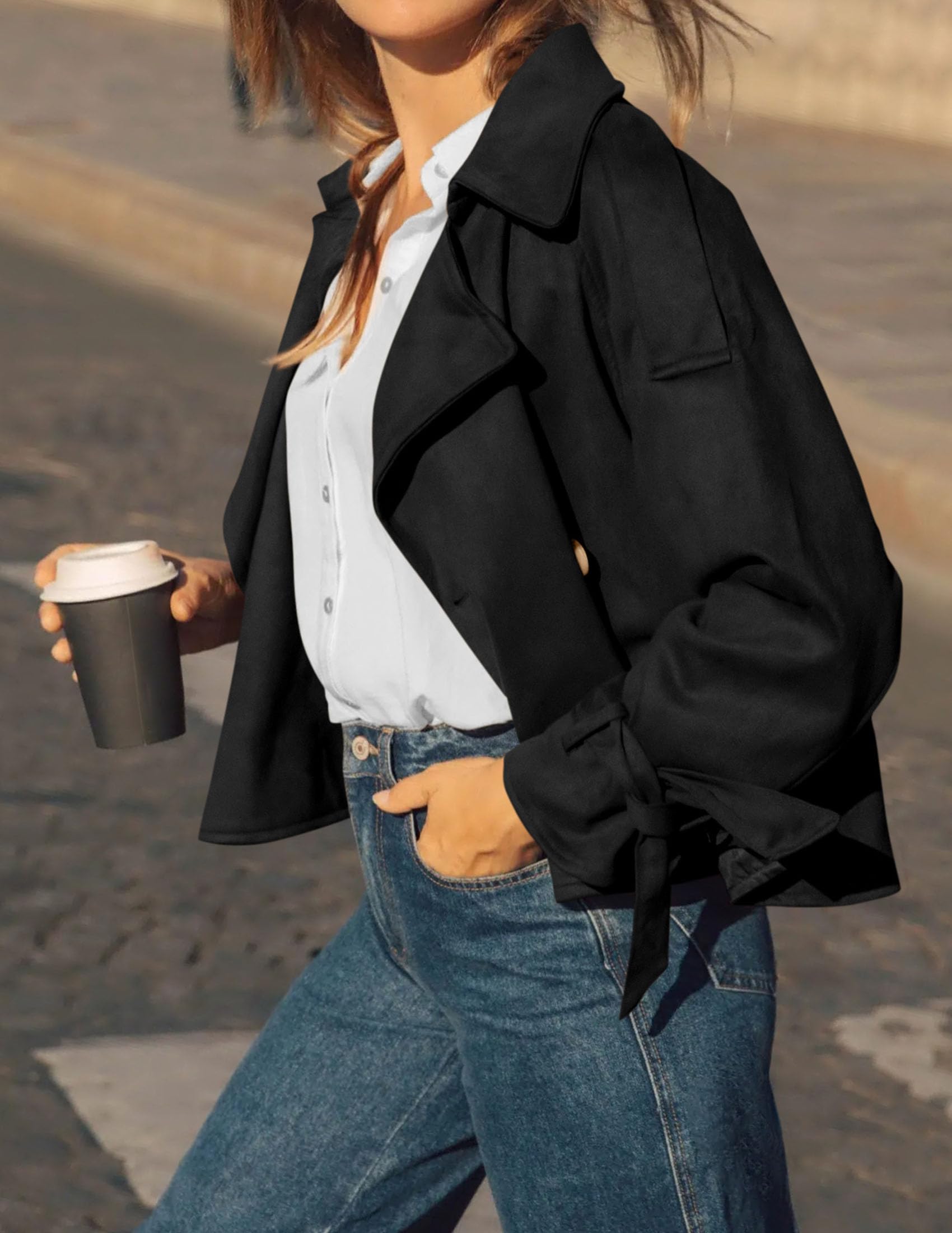 Women Faux Suede Double Breasted Trench Coat Cropped Jackets