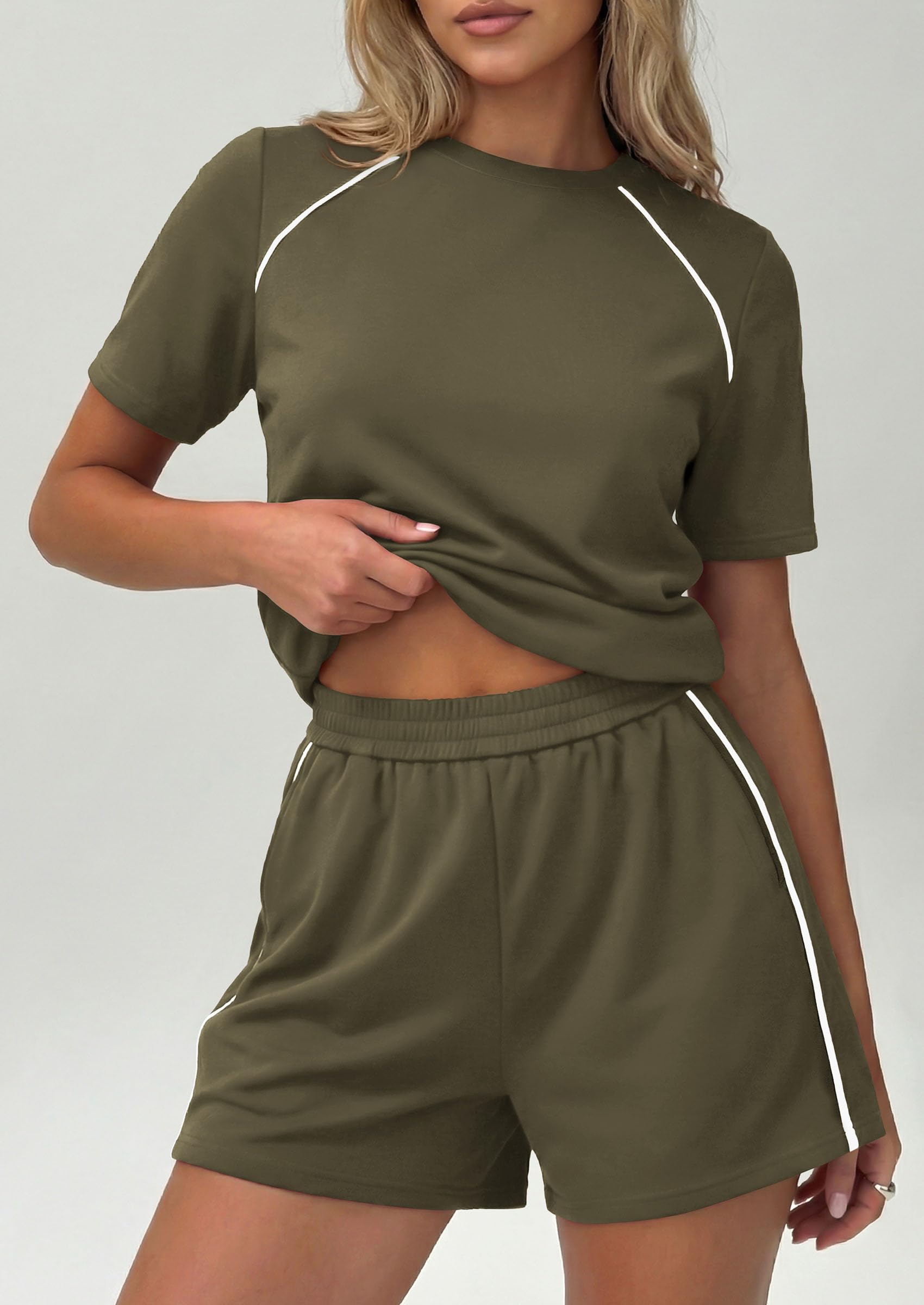 Womens 2 Piece Short Sets Casual Summer Outfits, Army Green,S