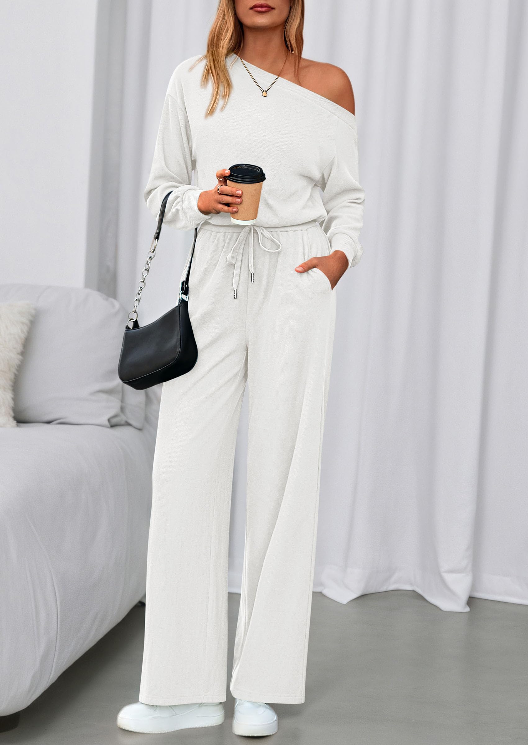 Womens Off Shoulder Long Sleeve Jumpsuit,White,M