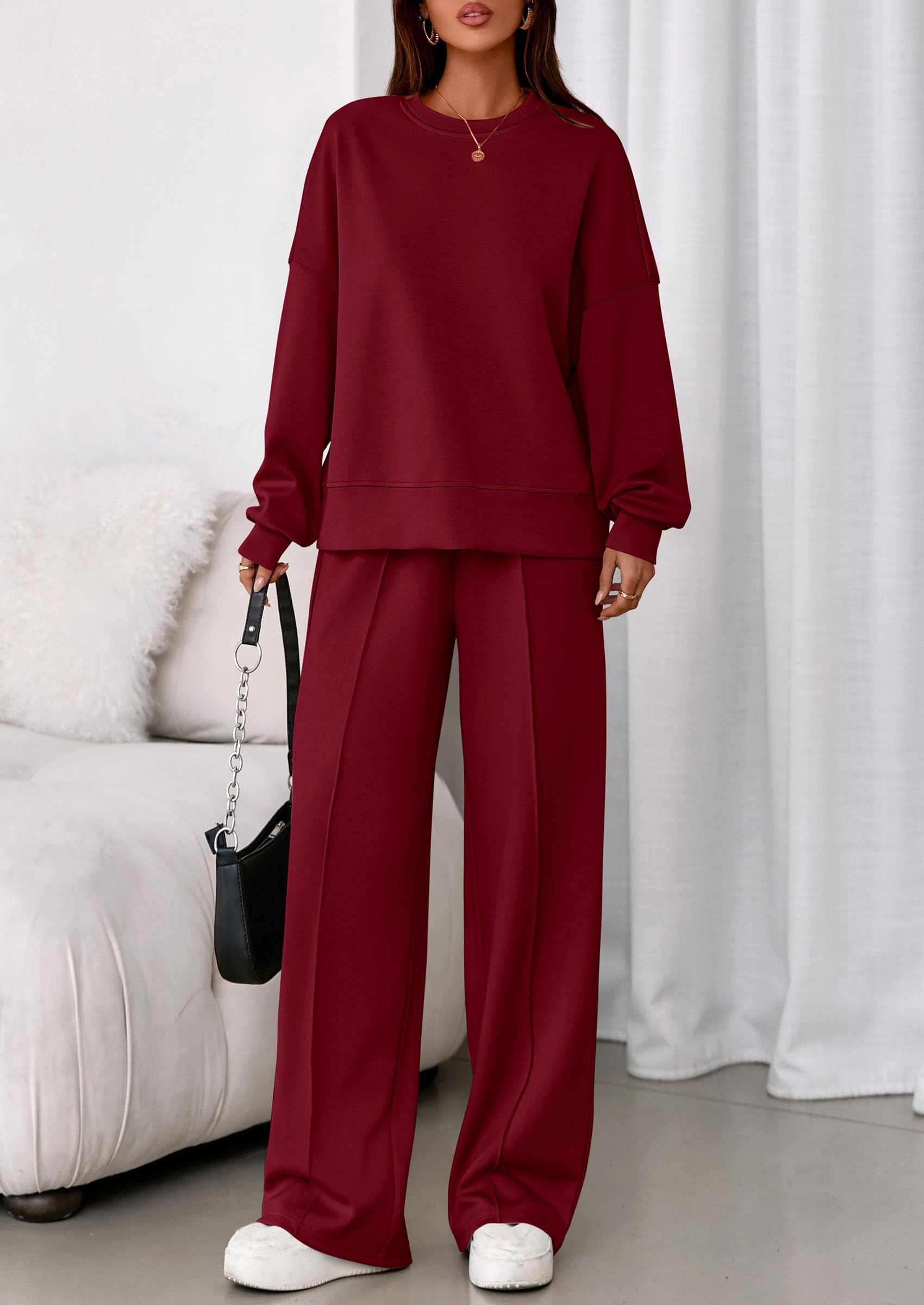 Womens Long Sleeve Sweatshirt 2 Piece Sets,Wine Red,S