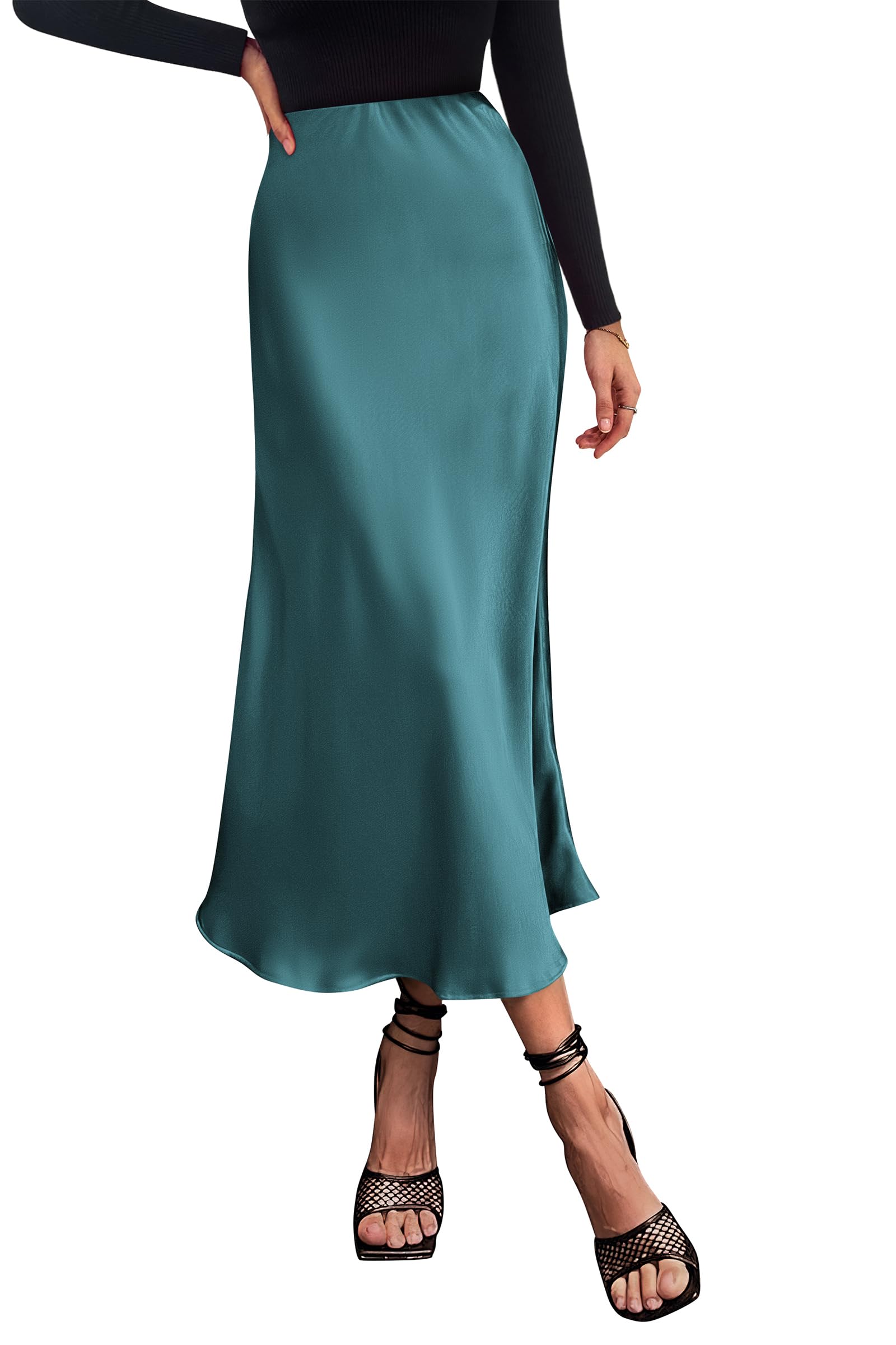 Women's Satin Midi Skirts Dressy Casual,Lake Blue,S