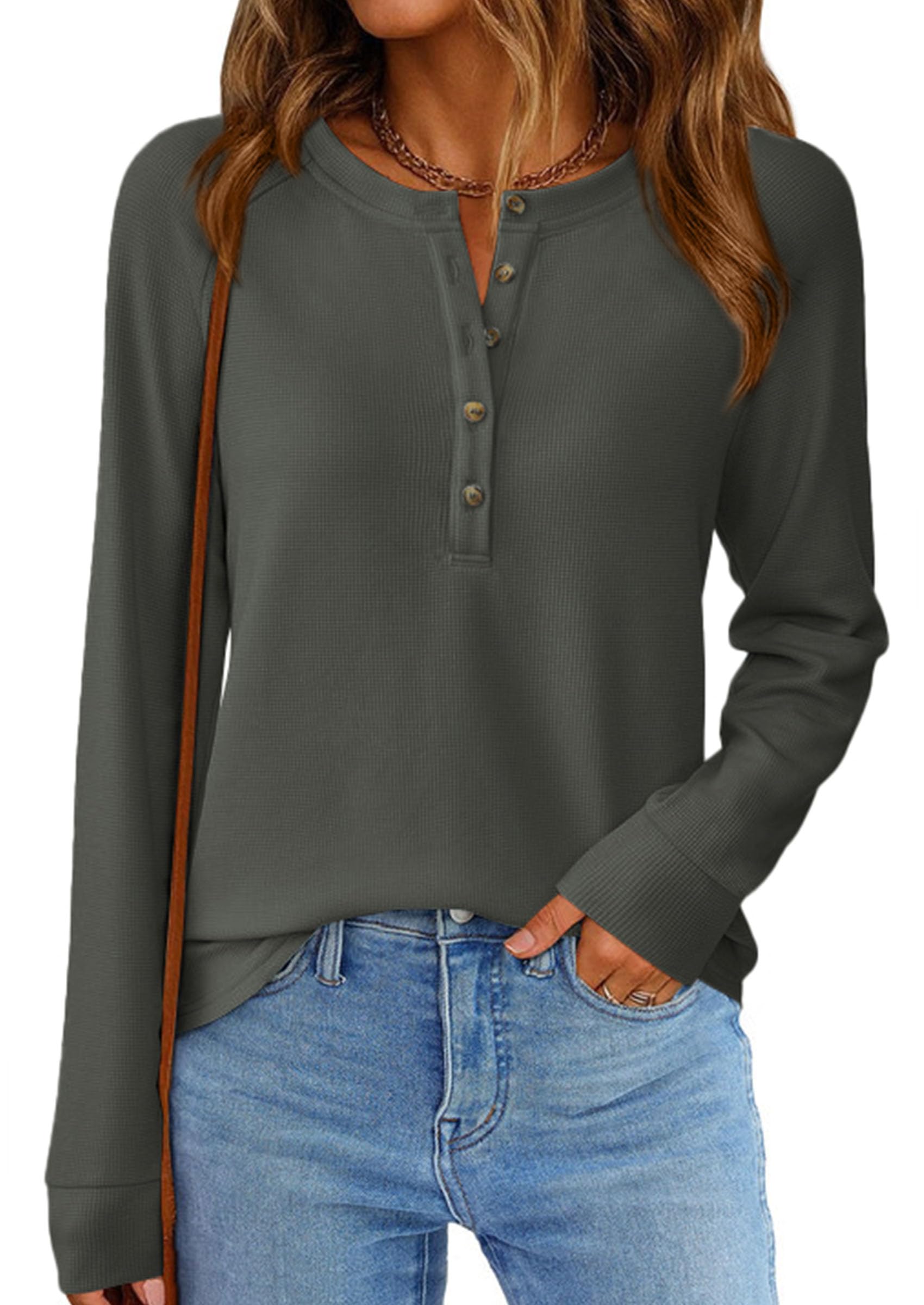 Women's Long Sleeve Waffle Knit Henley Shirts Loose Tunic Tops