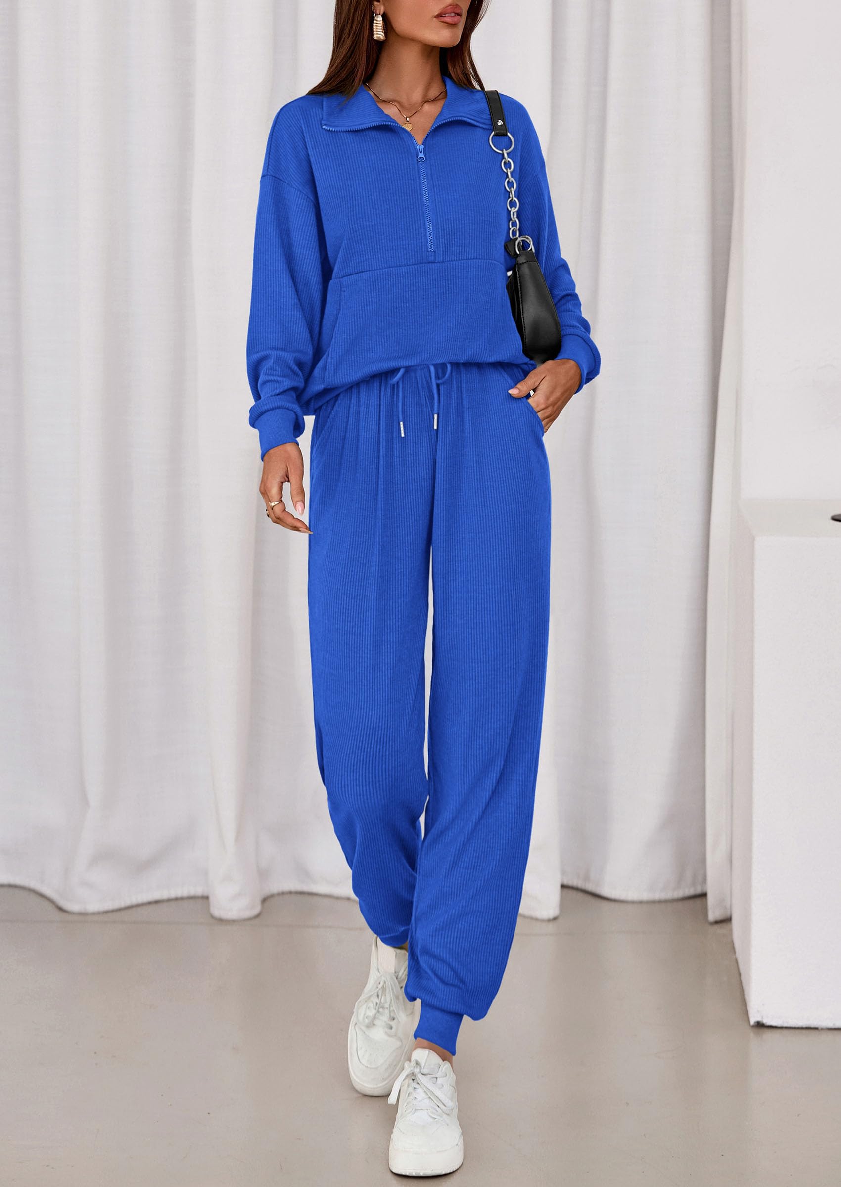 Airport Travel Outfit Women Ribbed Knit Matching Lounge Sets