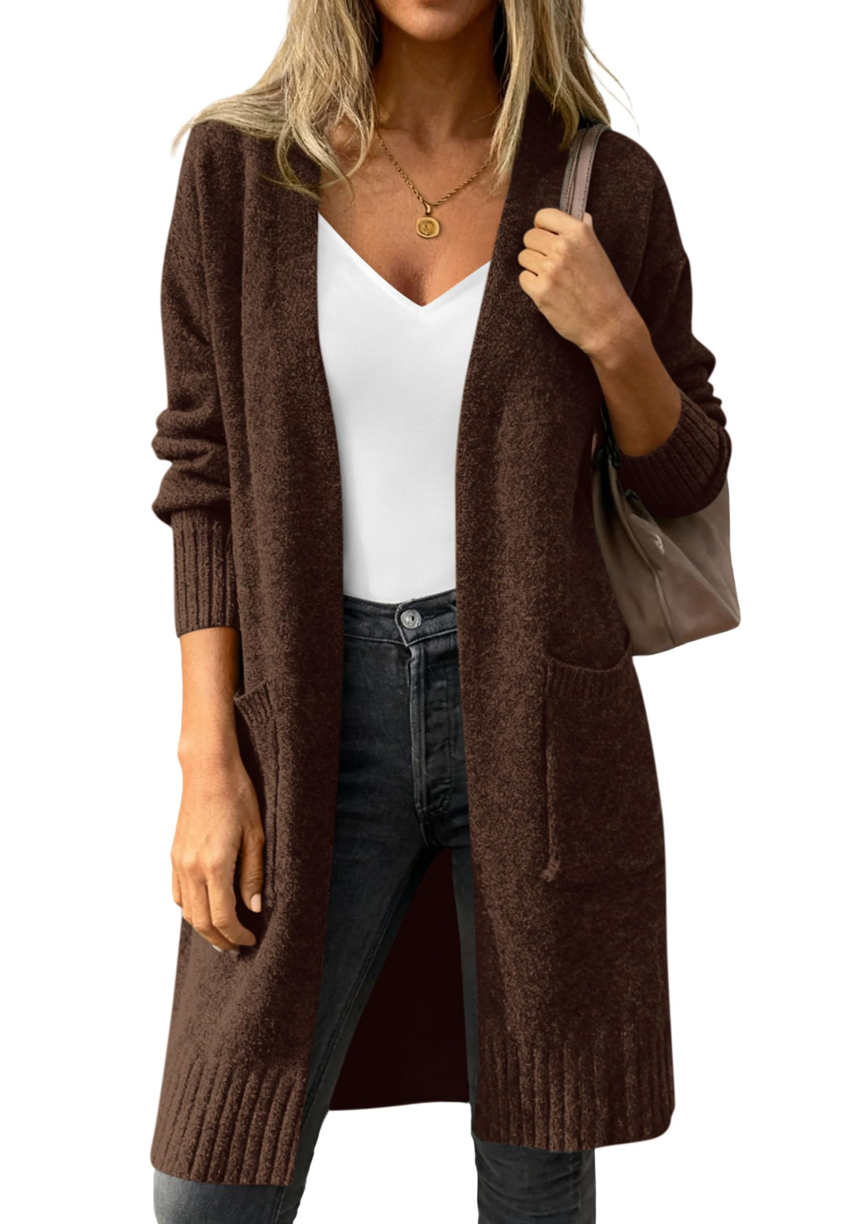 Women's Oversized Open Front Long Knit Cardigan,Brown,S
