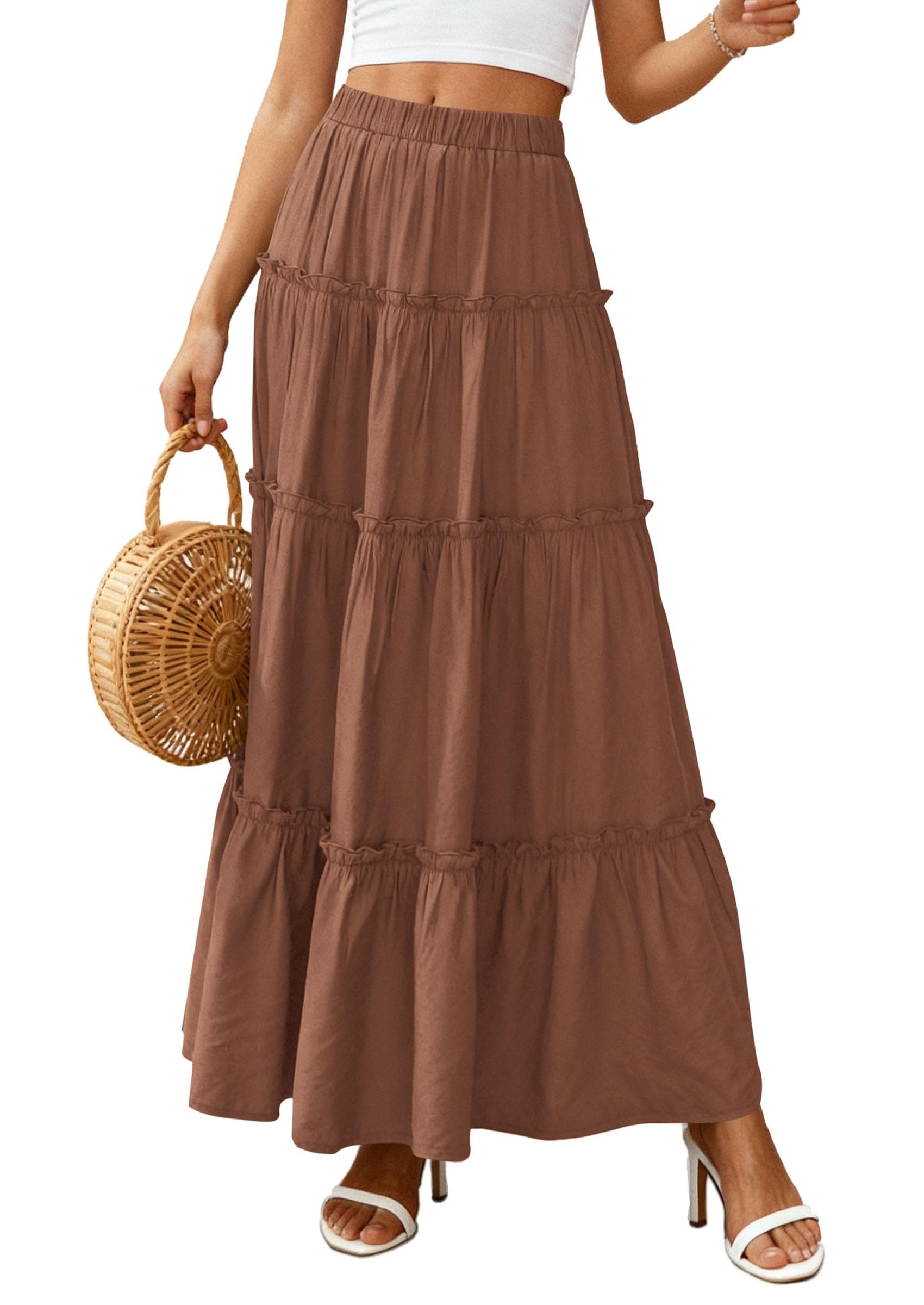 Women's Boho Tiered Ruffle Flowy Maxi Skirt, Light Brown,S