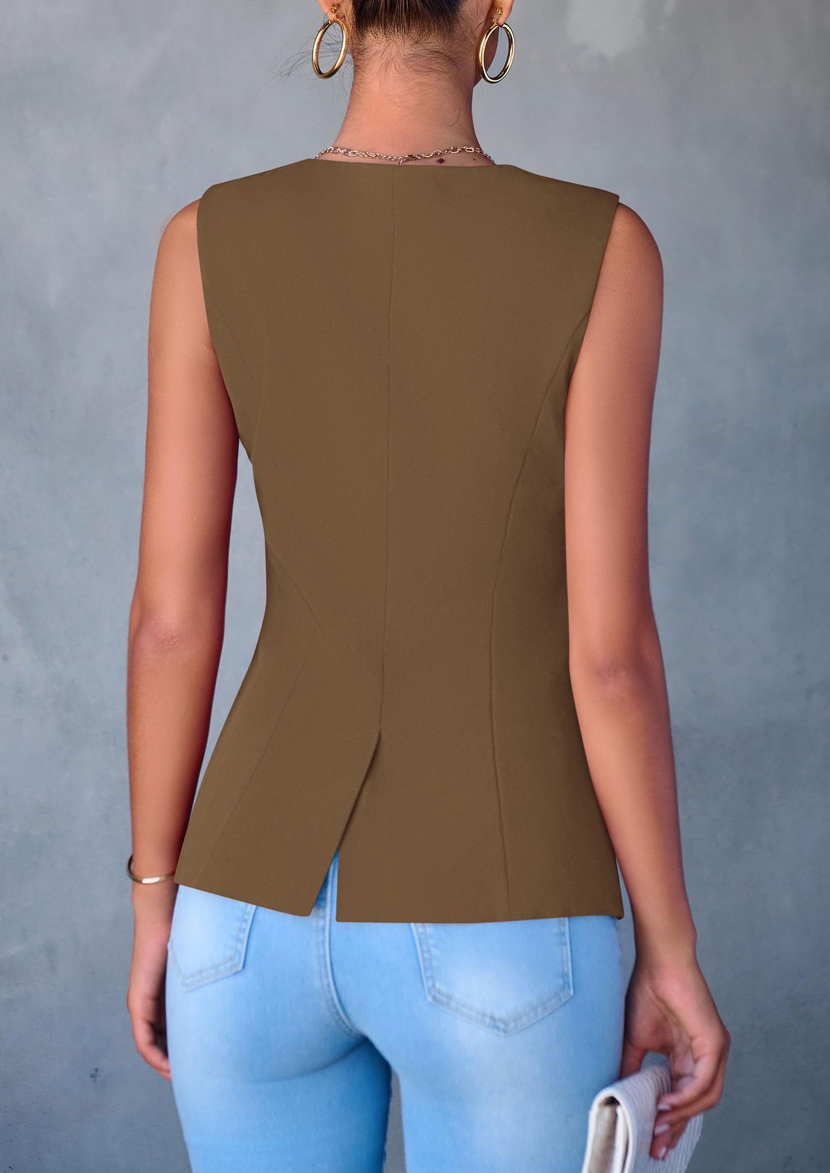 Women Tailored Suit Vest Business Casual Tops, Coffee,S