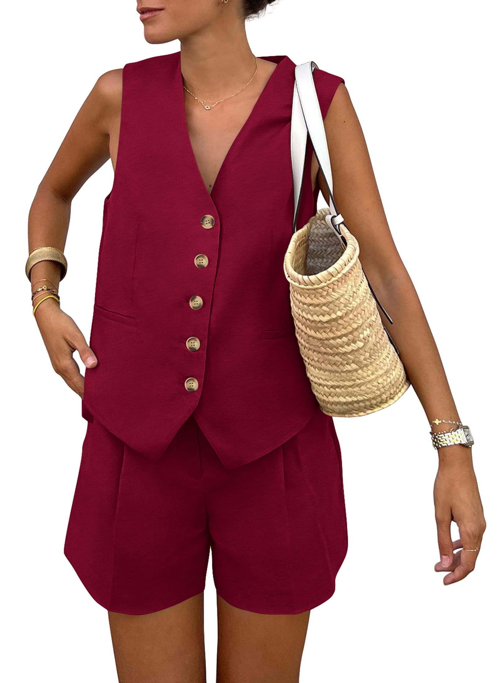 Women's Summer Two Piece Outfits Sets (Wine Red,X-Small)