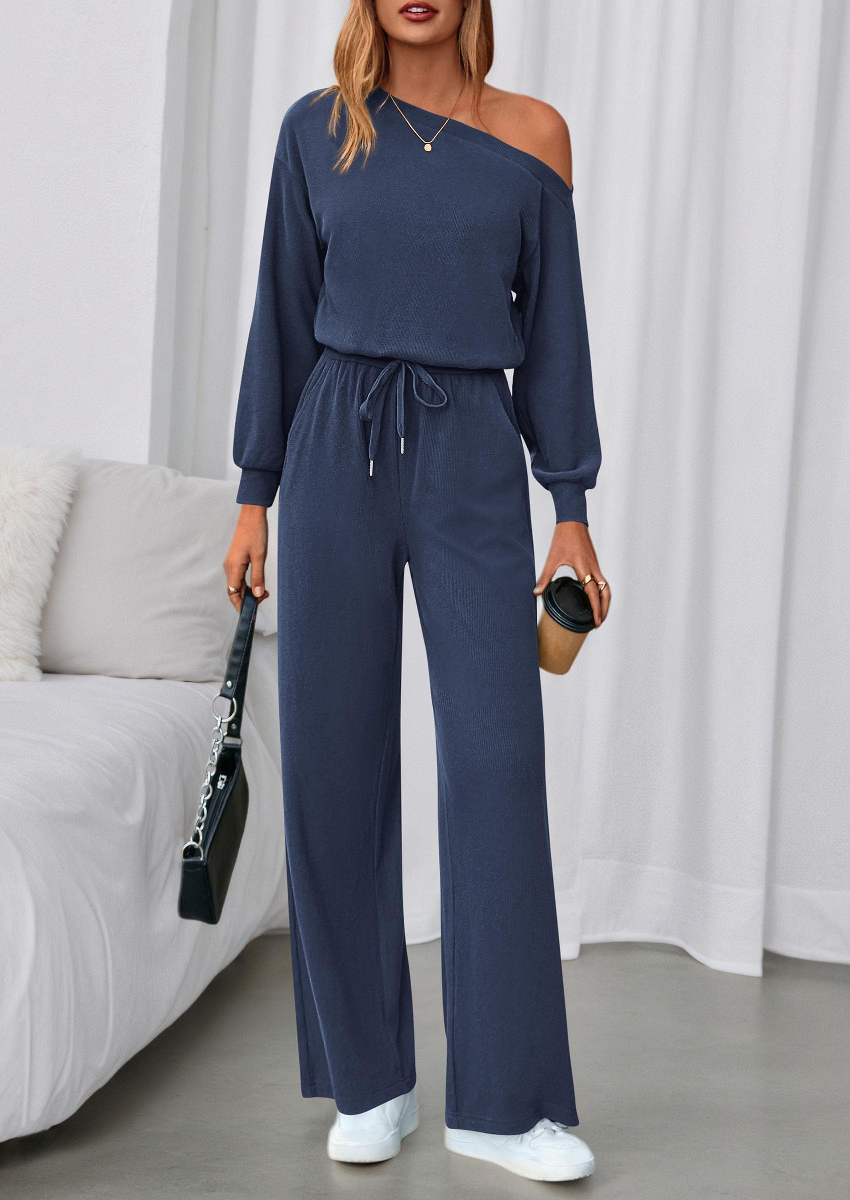 Womens Off Shoulder Long Sleeve Jumpsuit,Navy,M