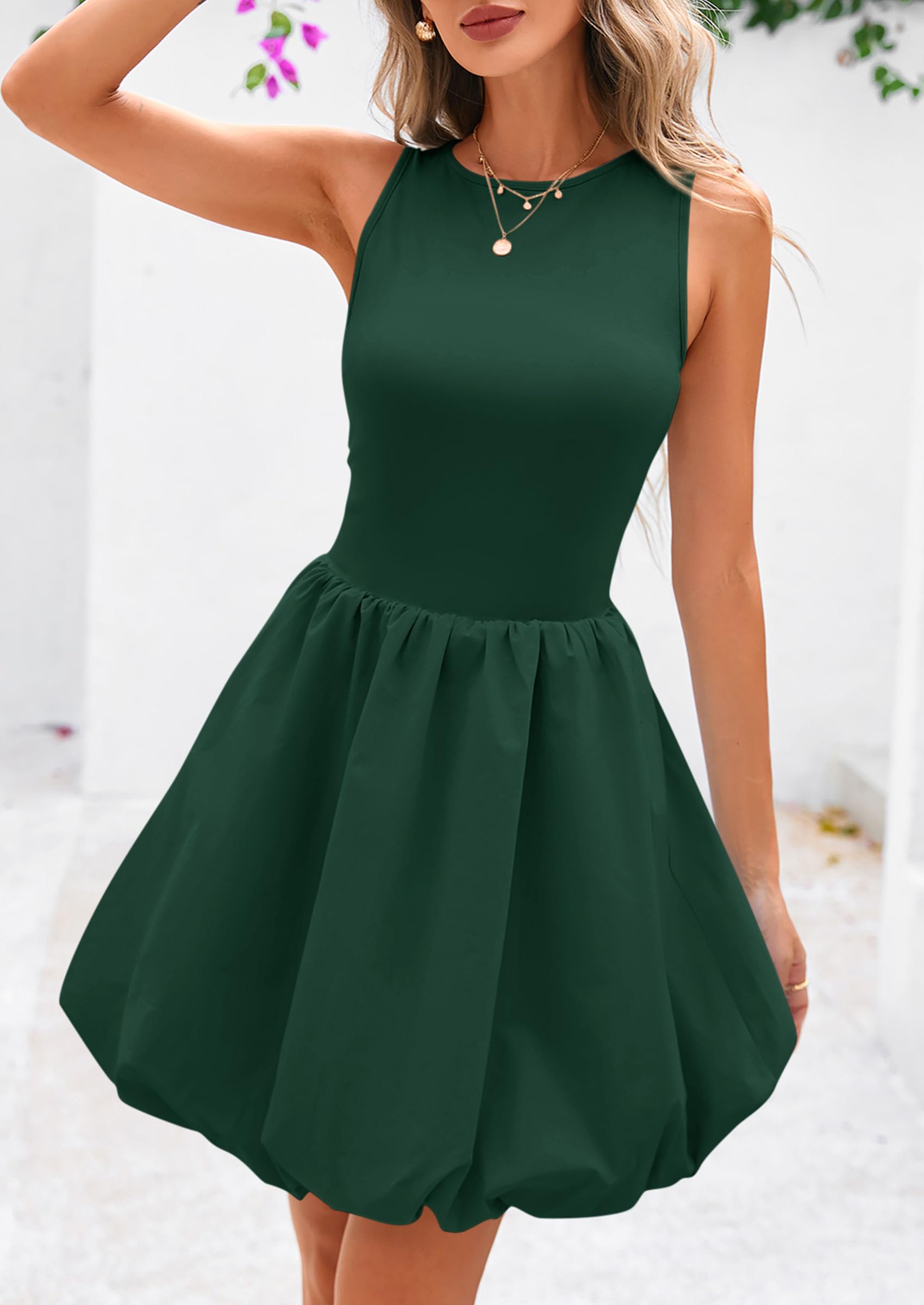 Womens Summer Bubble Sleeveless Mini Dress,Dark Green,S