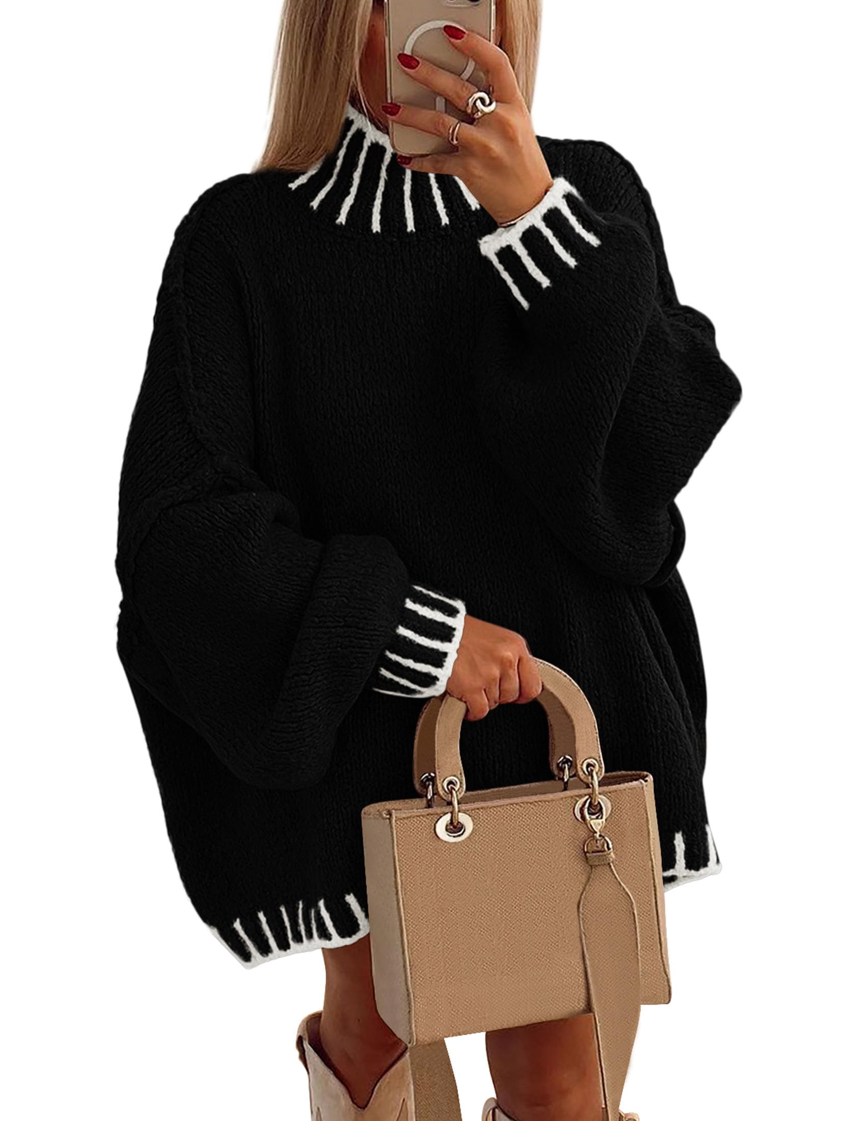 Women's Mock Neck Oversized Pullover Sweaters,Black,XS