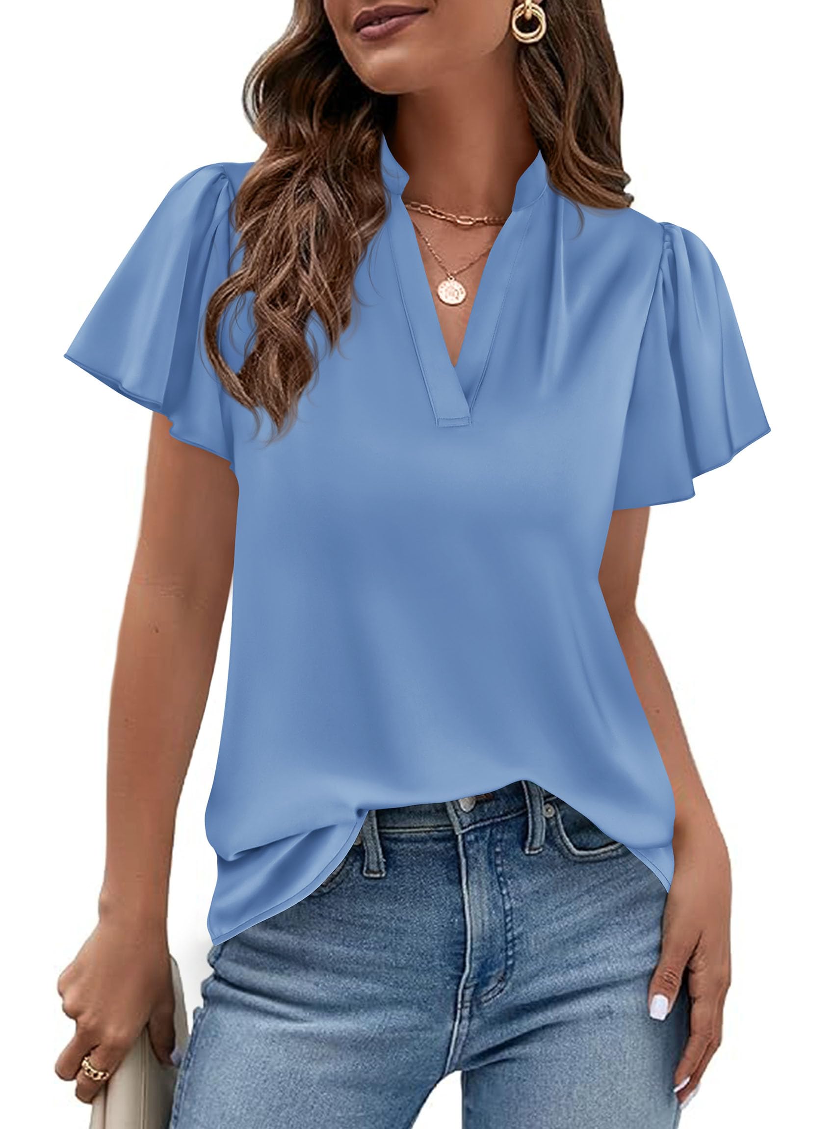Women's Summer Satin Dressy Casual Blouses (Light Blue,S)