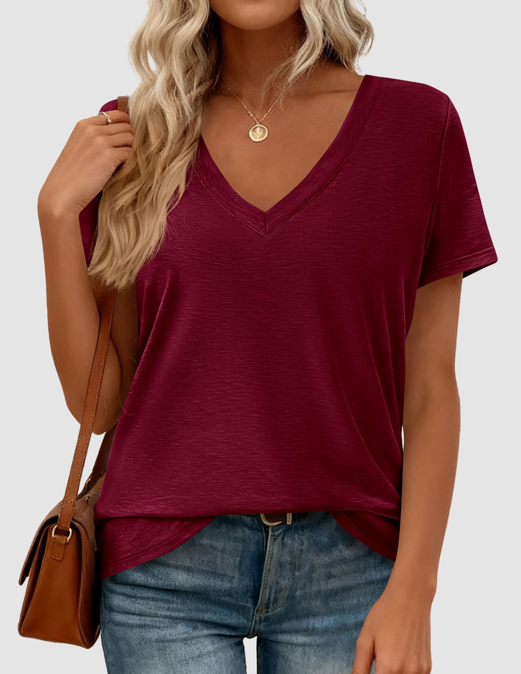 Womens Tops Short Sleeve Oversized Tshirts, Burgundy,S