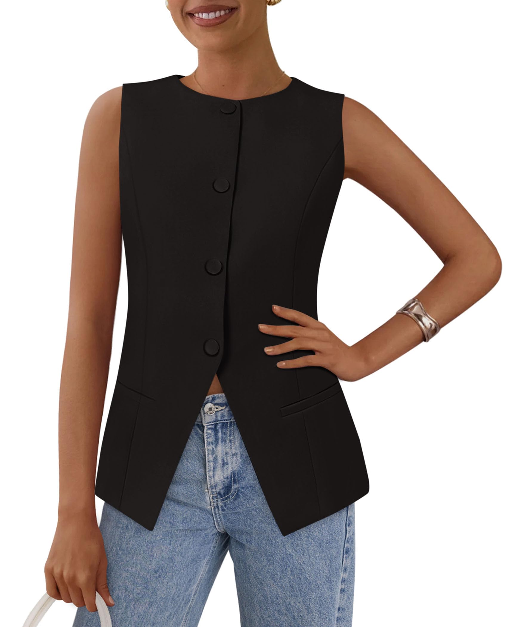 Women Tailored Suit Vest Business Casual Tops, Black,S