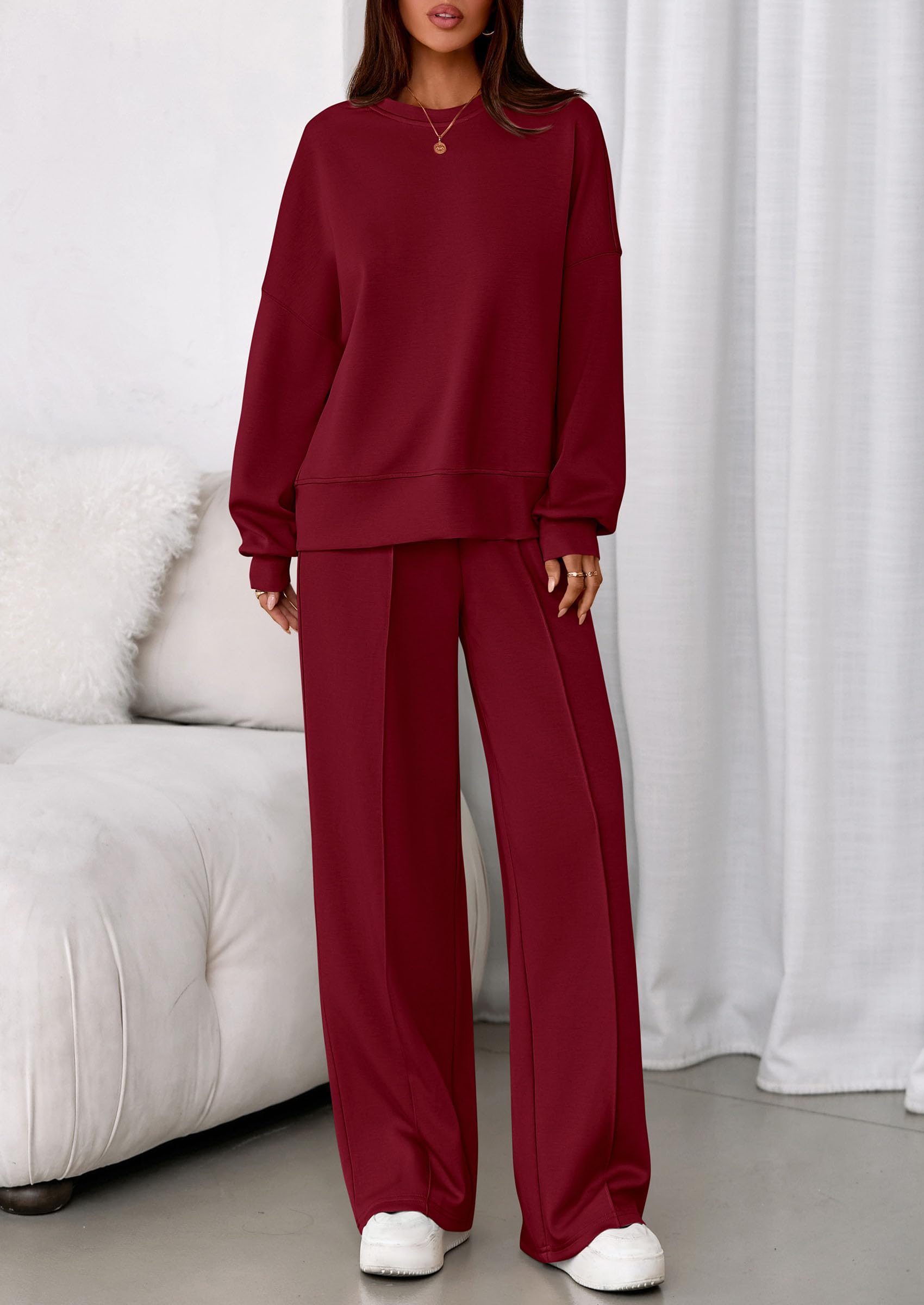 Womens Long Sleeve Sweatshirt 2 Piece Sets,Wine Red,S