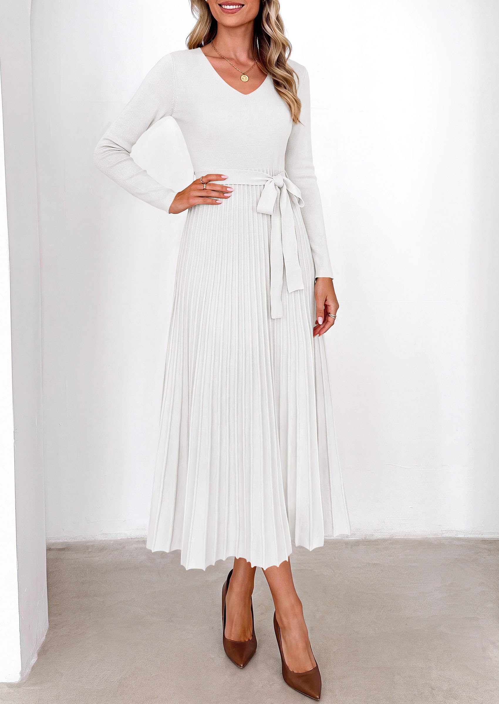 Womens Fall Maxi Long Sleeve Sweater Dress,White,S