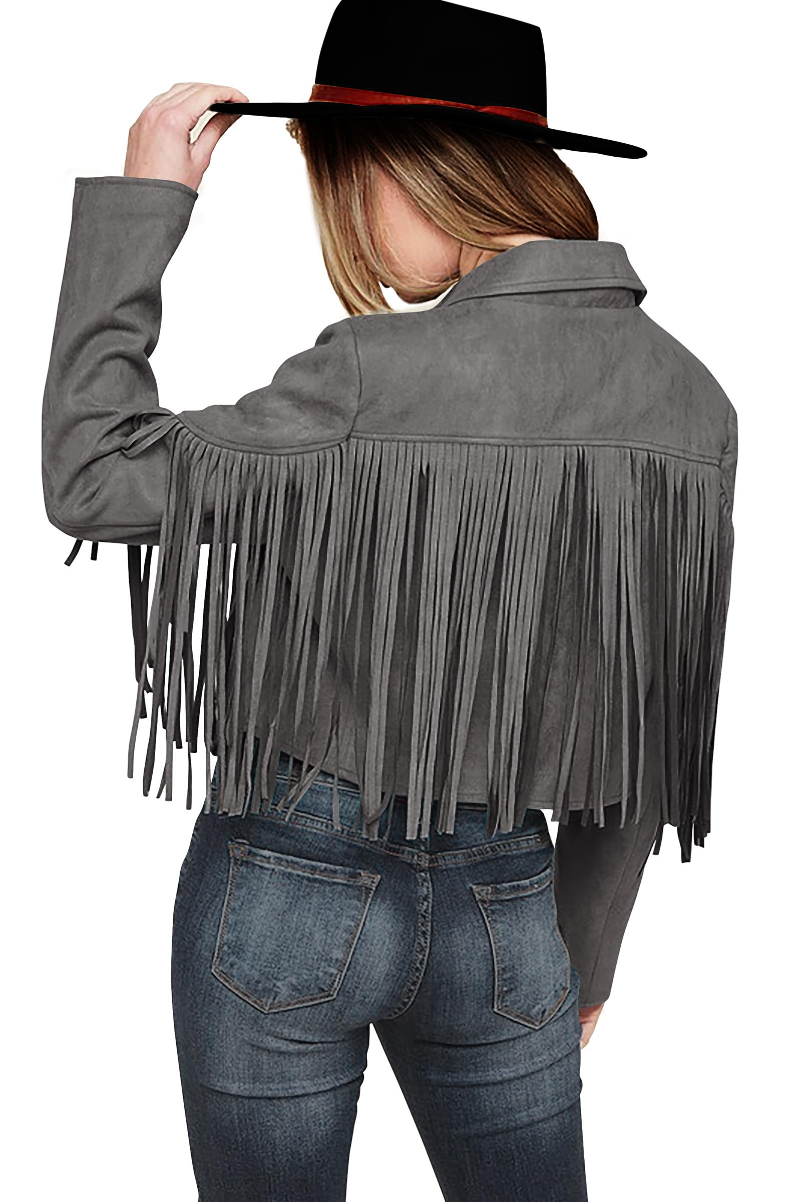 Women's Fringe Faux Suede Leather Jackets,Silver Grey,S