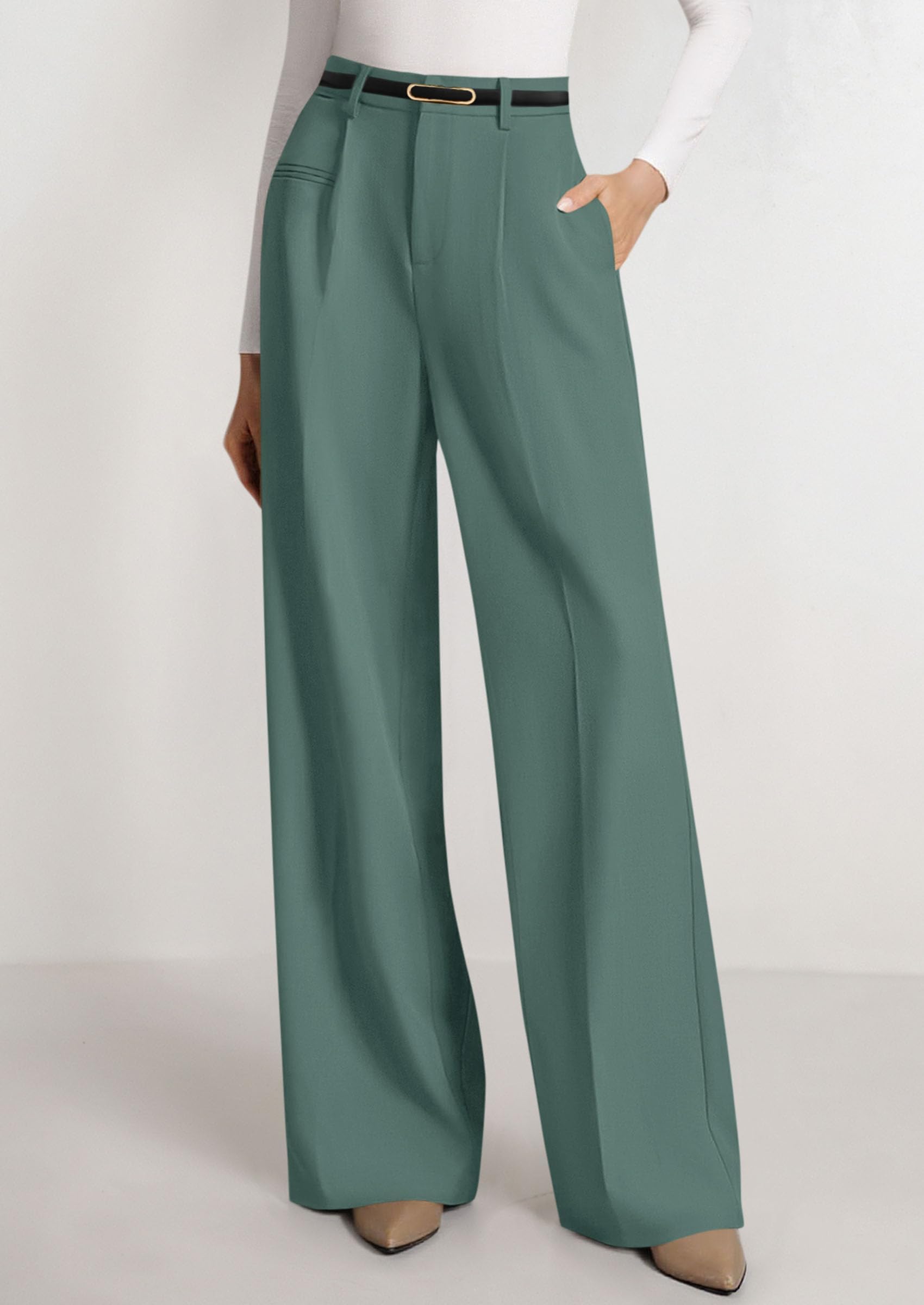 Women's Tailored Wide Leg Work Dress Pants,Grey Green,XS