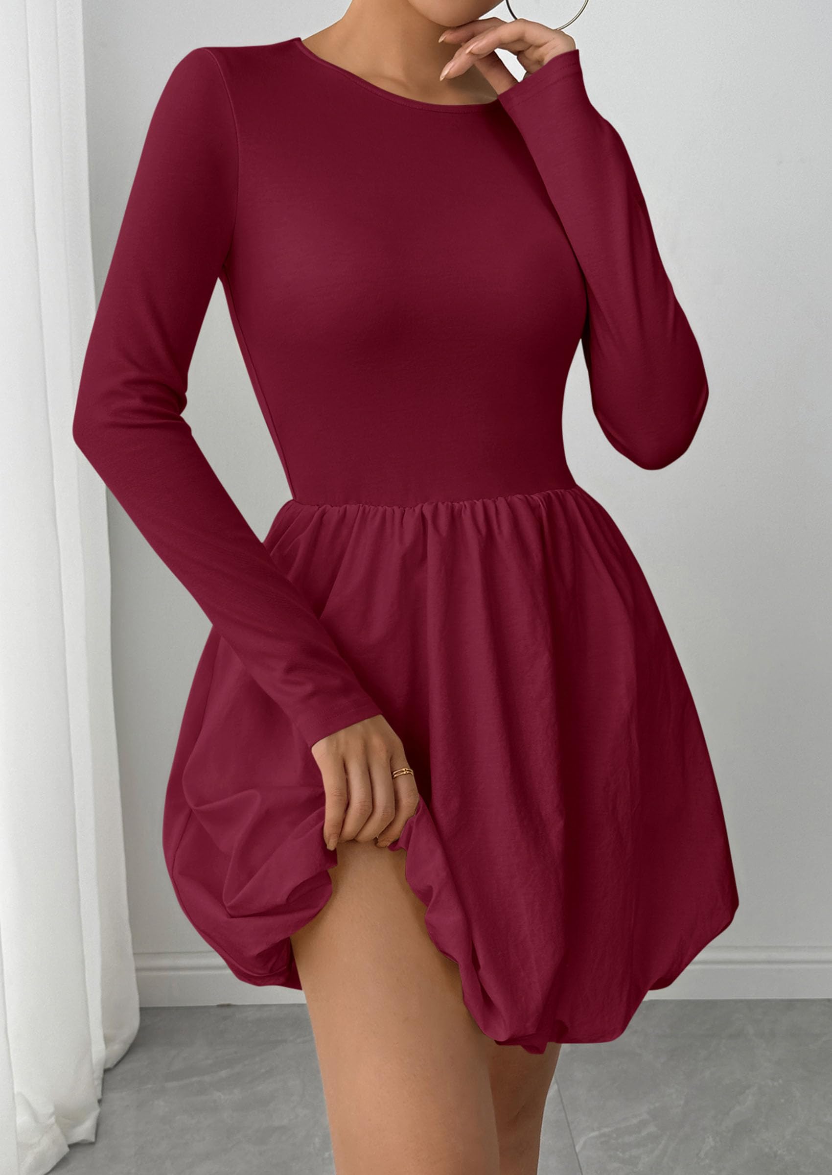 Fall Dresses for Women 2026 Bubble Mini Dress,Wine Red,S