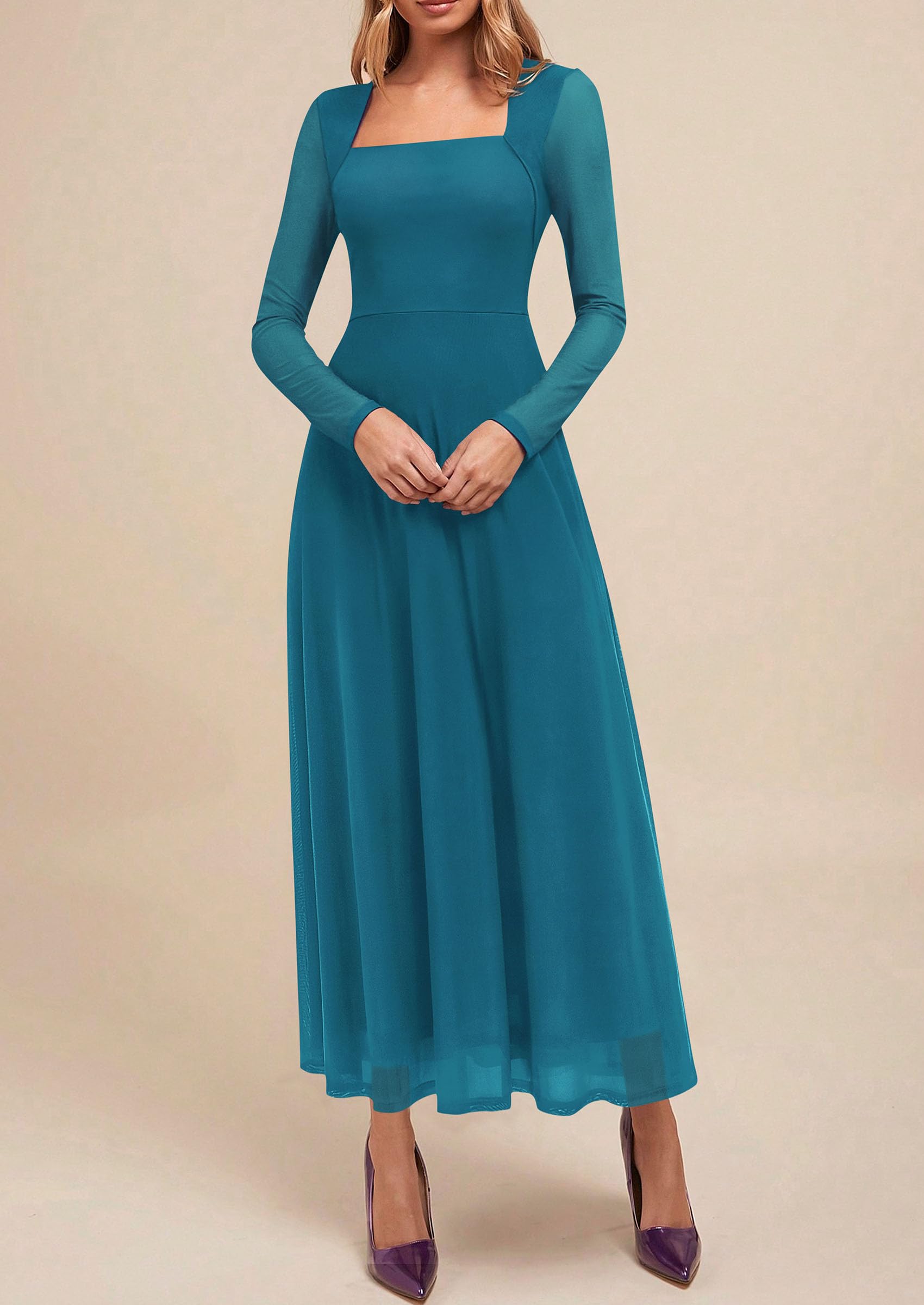 Women's Flowy Maxi Mesh Fall Cocktail Wedding Guest Dresses