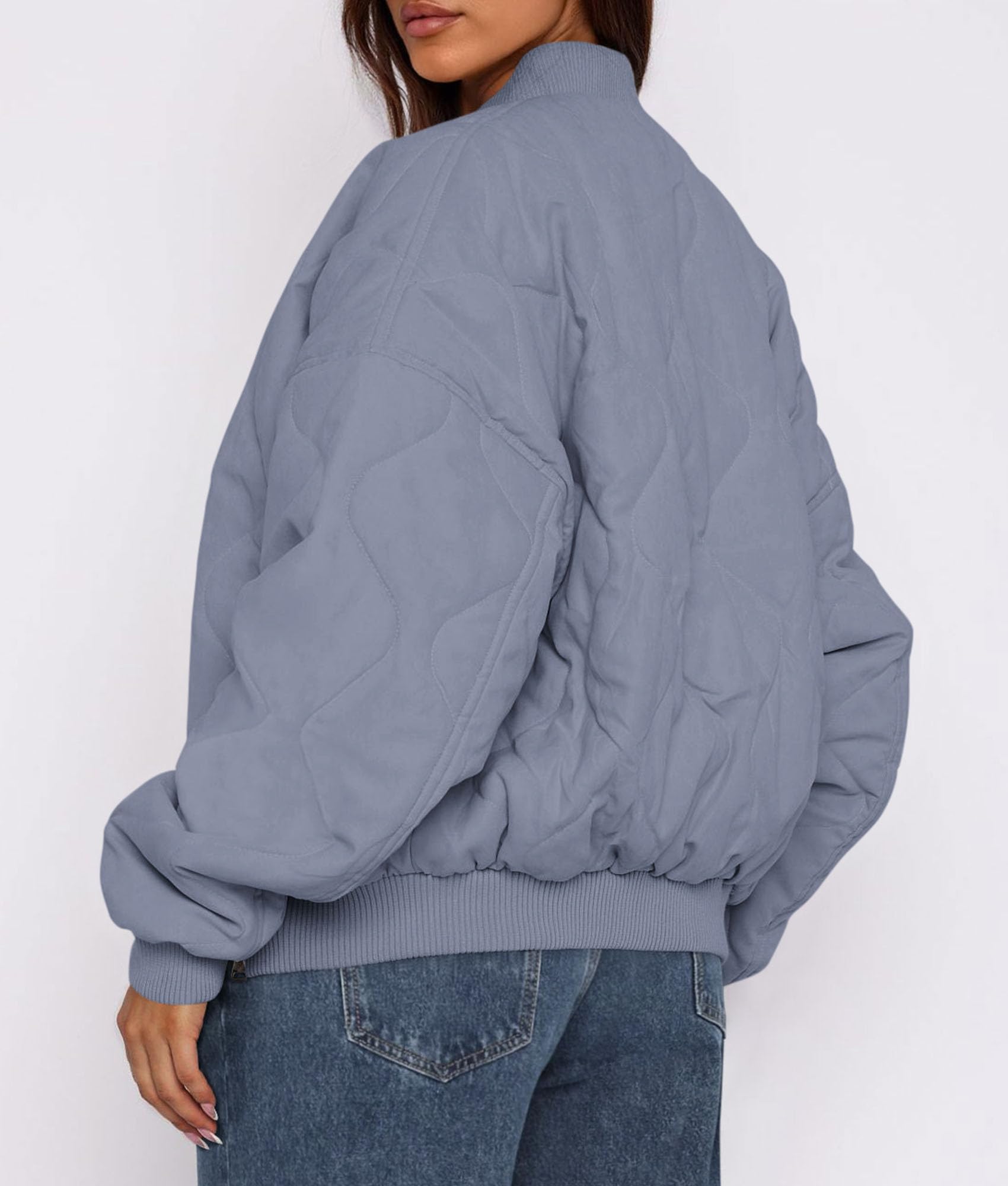 Women's Quilted Bomber Jacket Fall Fashion 2026 Lightweight Cropped Zip up Outerwear Winter Puffer Coats Pockets (Dusty Blue,Small)