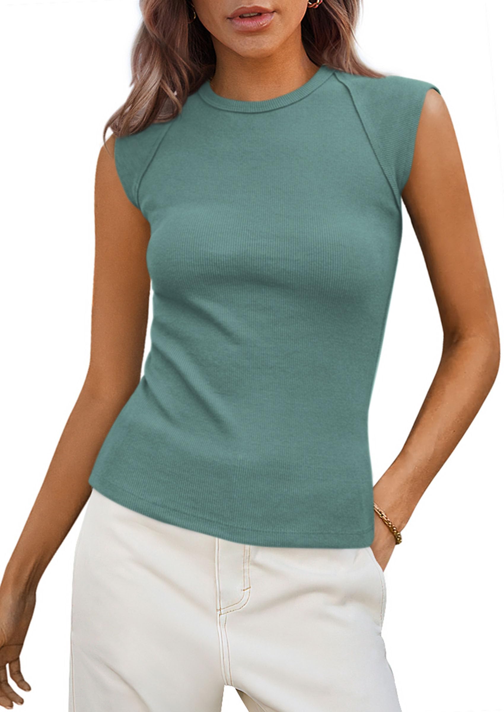 Women's Cap Sleeve Ribbed Tank Tops Summer, Bean Green,S