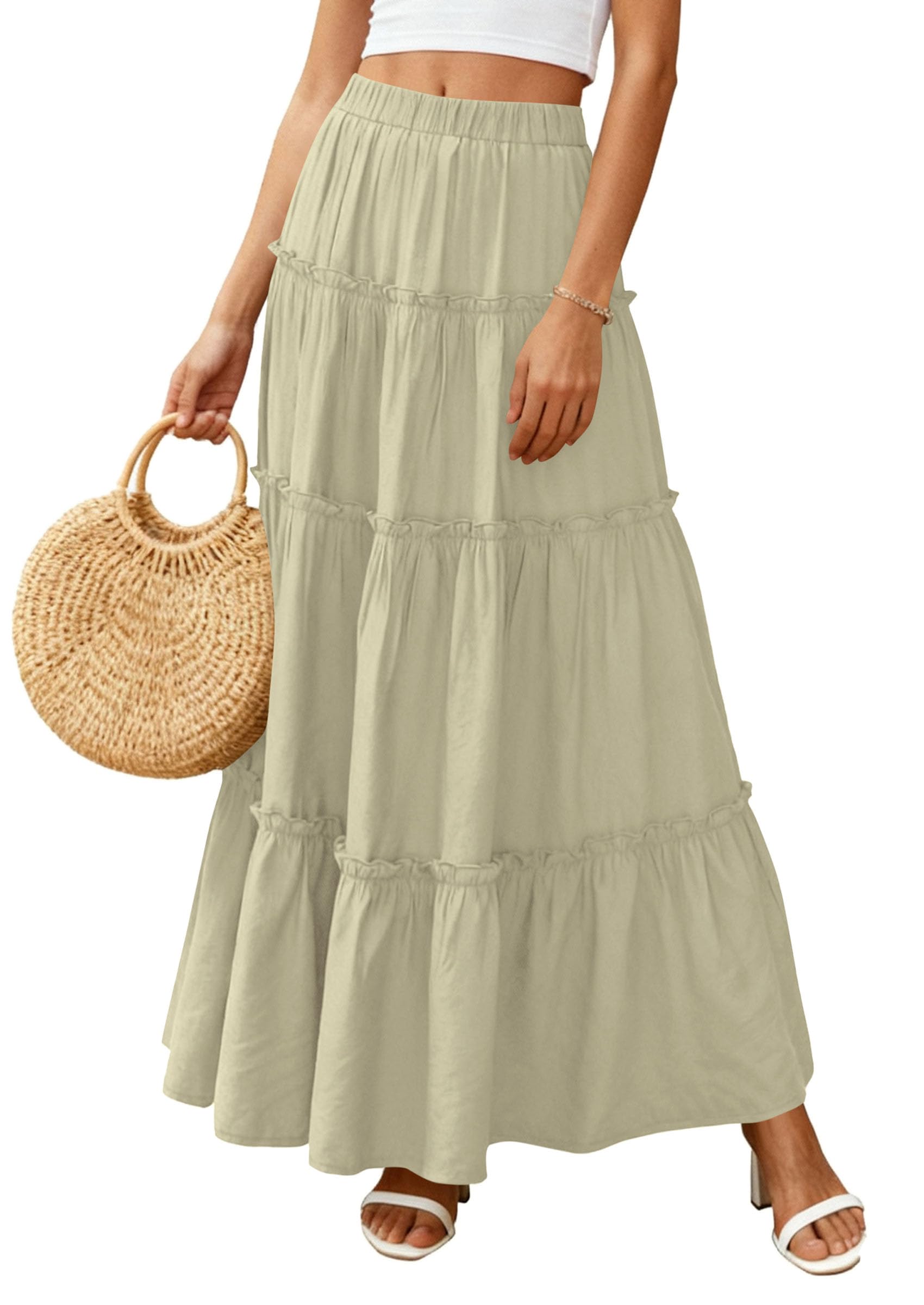 Women's Boho Tiered Ruffle Flowy Maxi Skirt, Sage Green,S