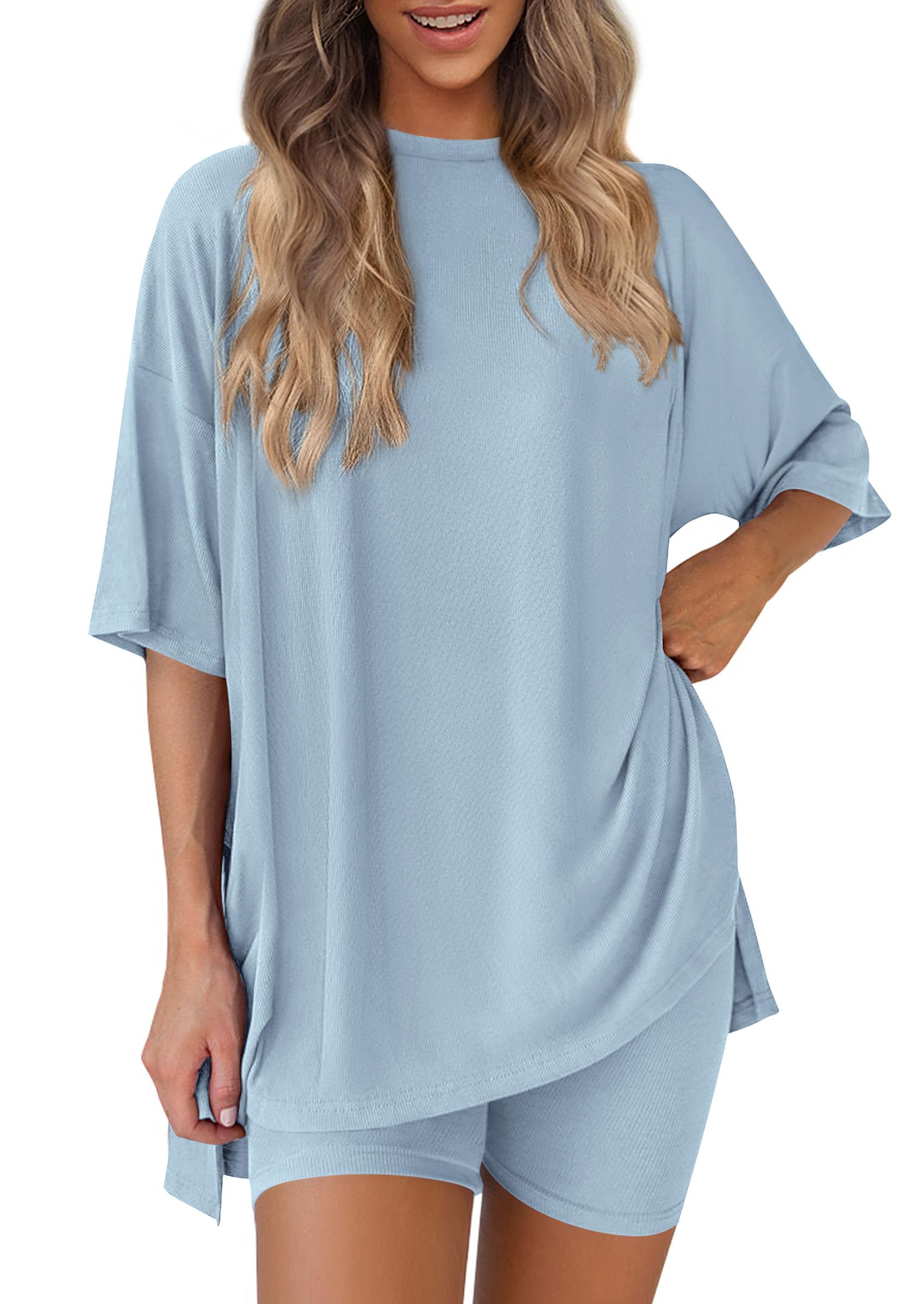 Women 2 Piece Lounge Set Airport Travel Outfit, Light Blue,S