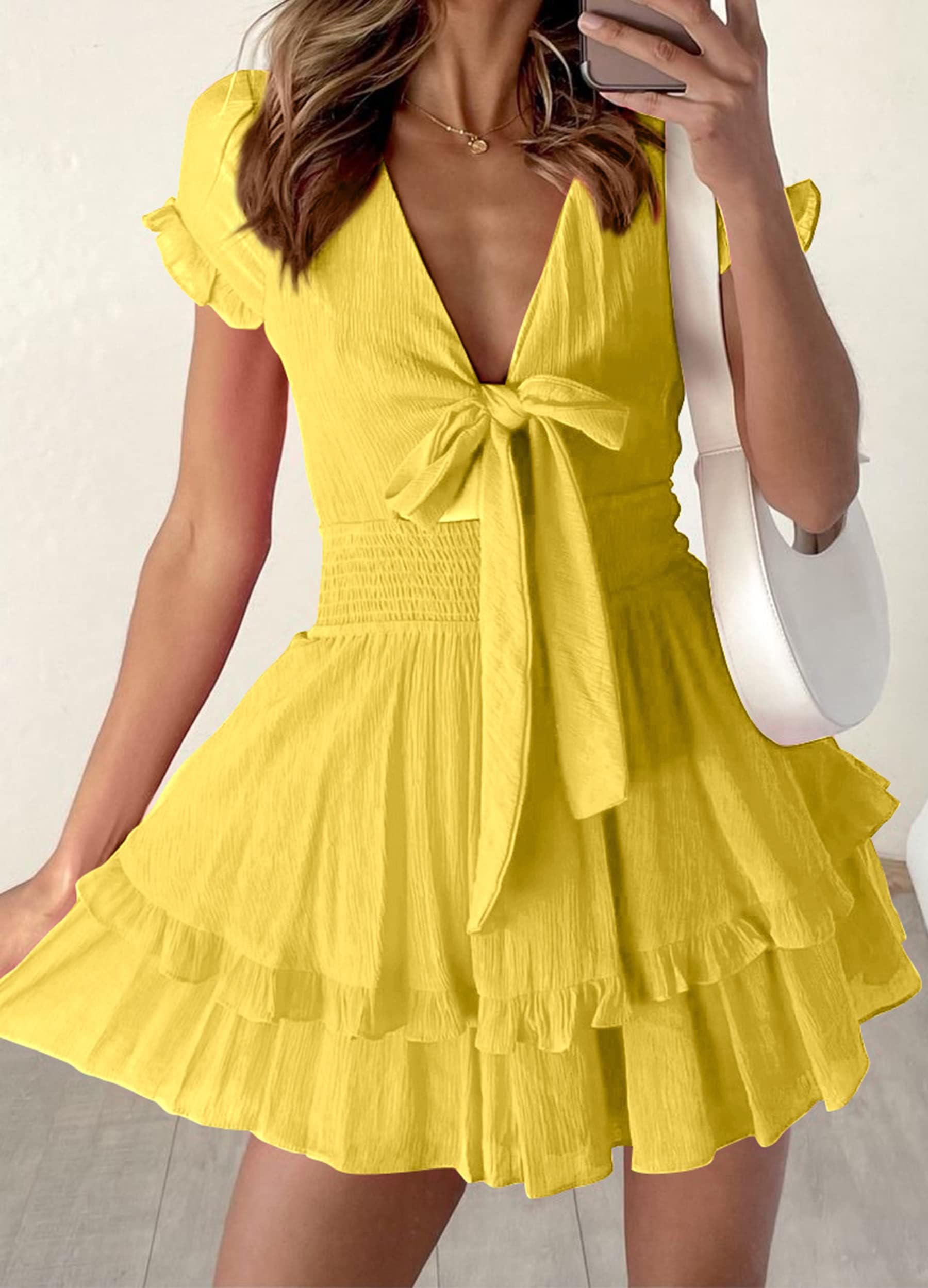 Women's Boho Floral Mini Tiered Bow Dress, Yellow,S