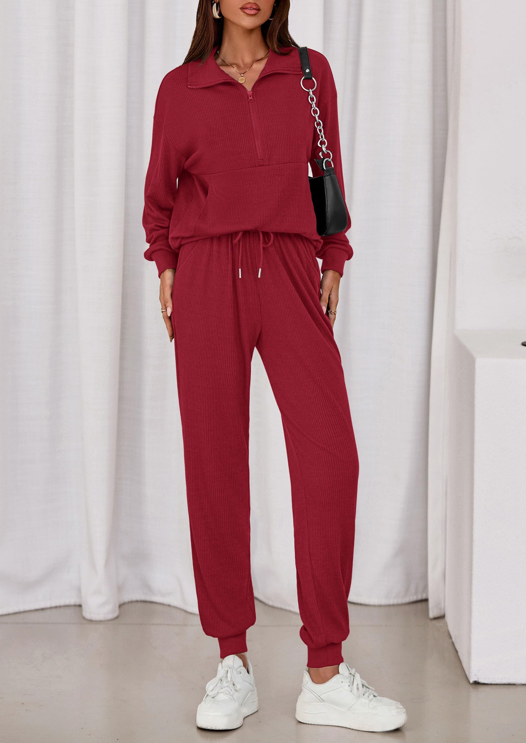 Airport Travel Outfit Women Ribbed Knit Matching Lounge Sets