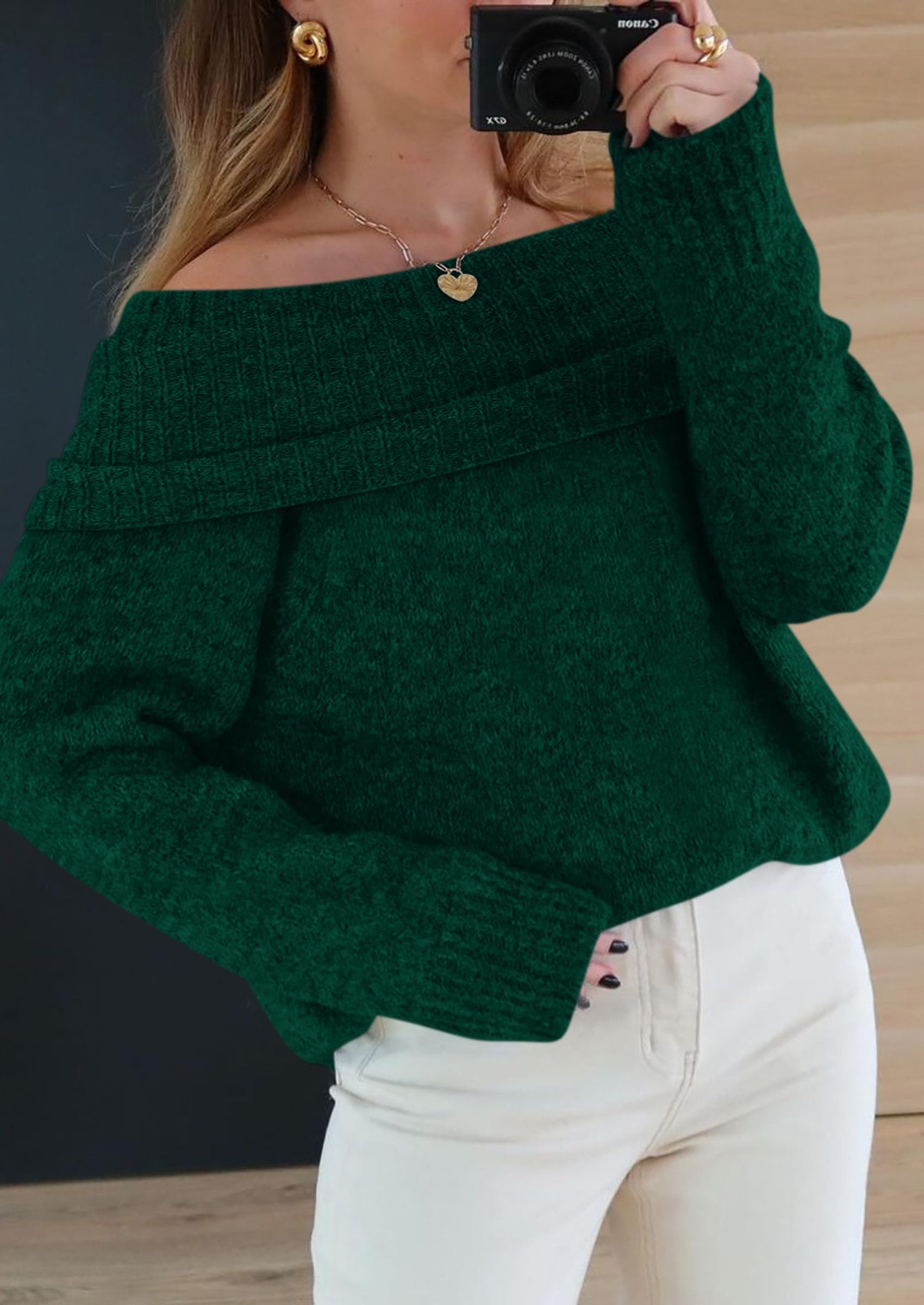 Women's Fall Off The Shoulder Sweater,Dark Green,M