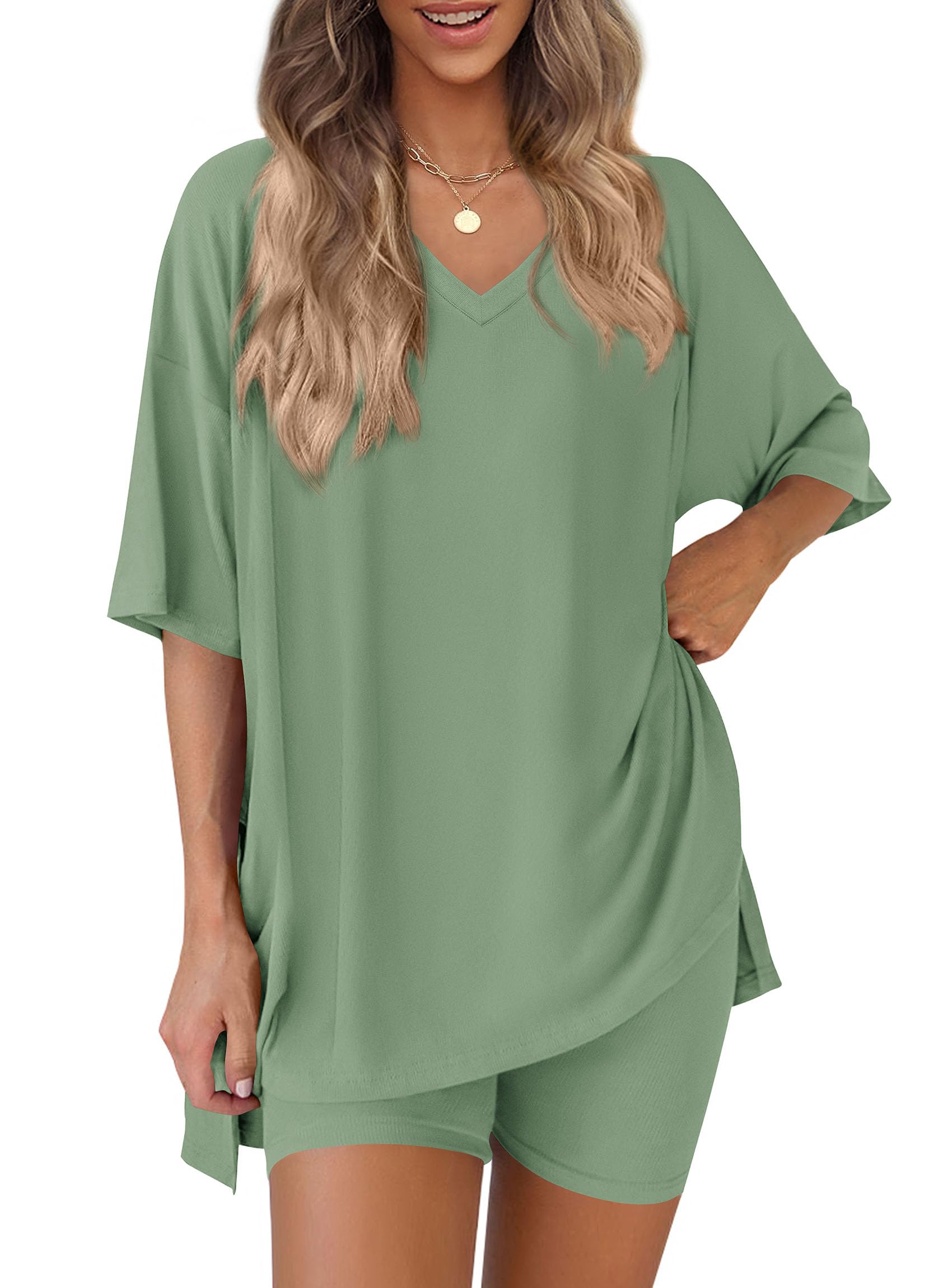 Womens 2 Piece Outfit Lounge Short Sets,Bean Green,S