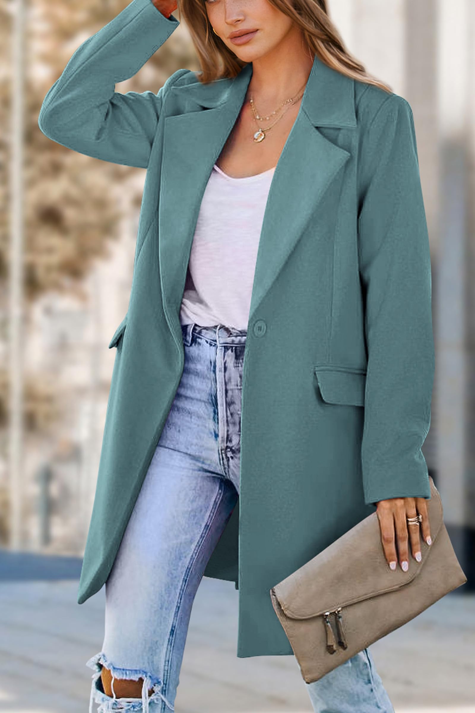 Women's Business Casual Long Blazer Jackets(Blue Green,S)