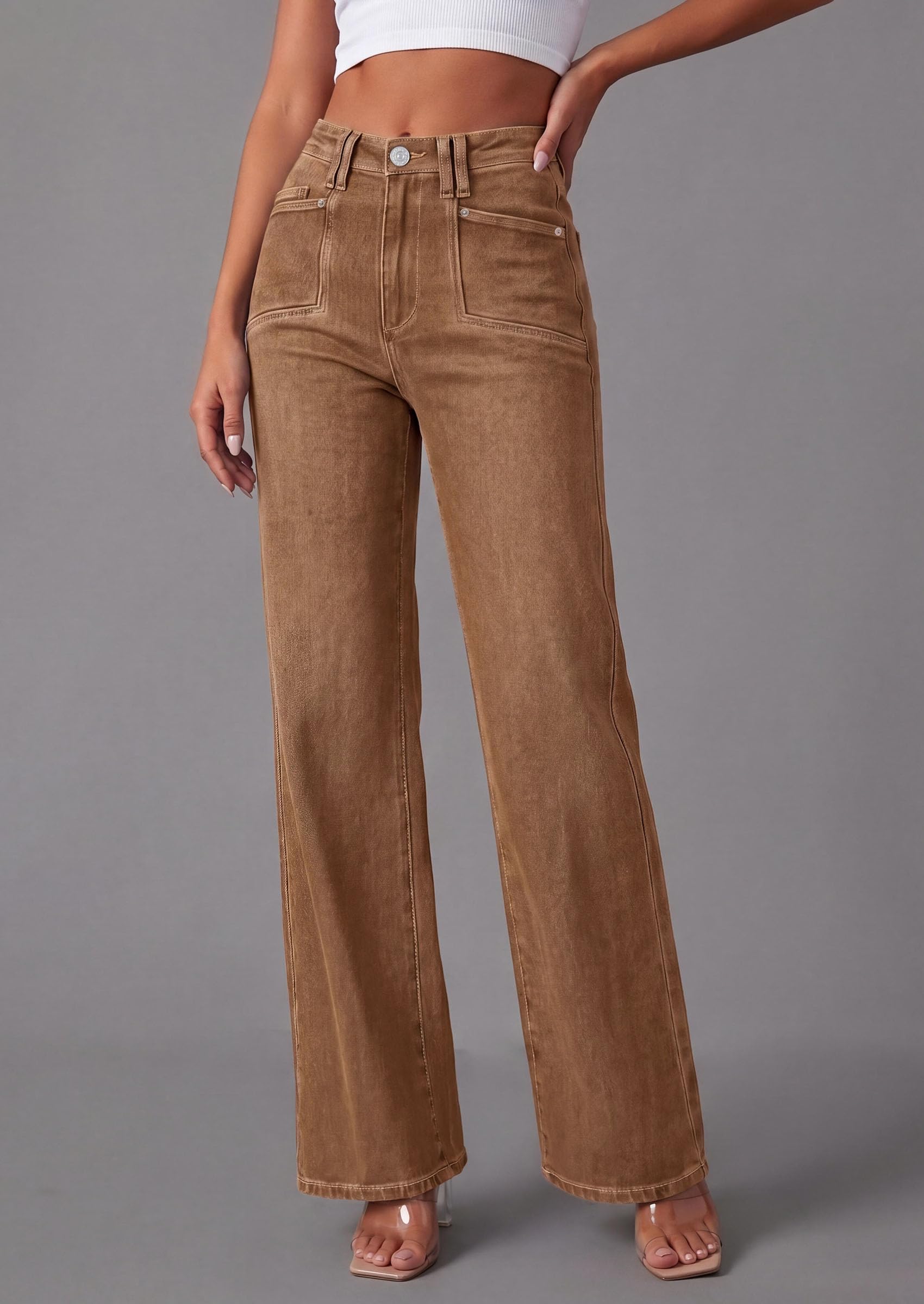 High Waisted Wide Leg Jeans for Women 2026 Trendy,Brown,6