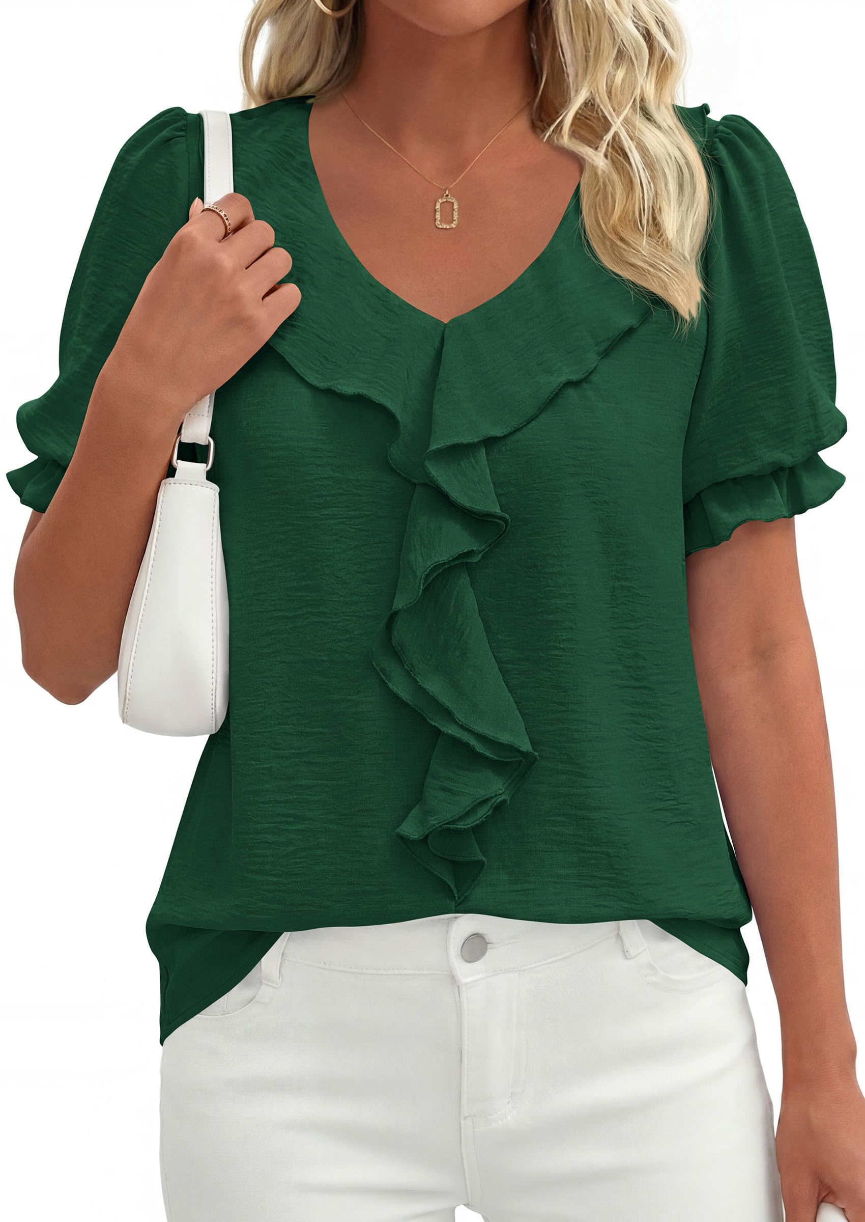 Women's Summer Ruffle Dressy Casual Blouses (Dark Green,S)