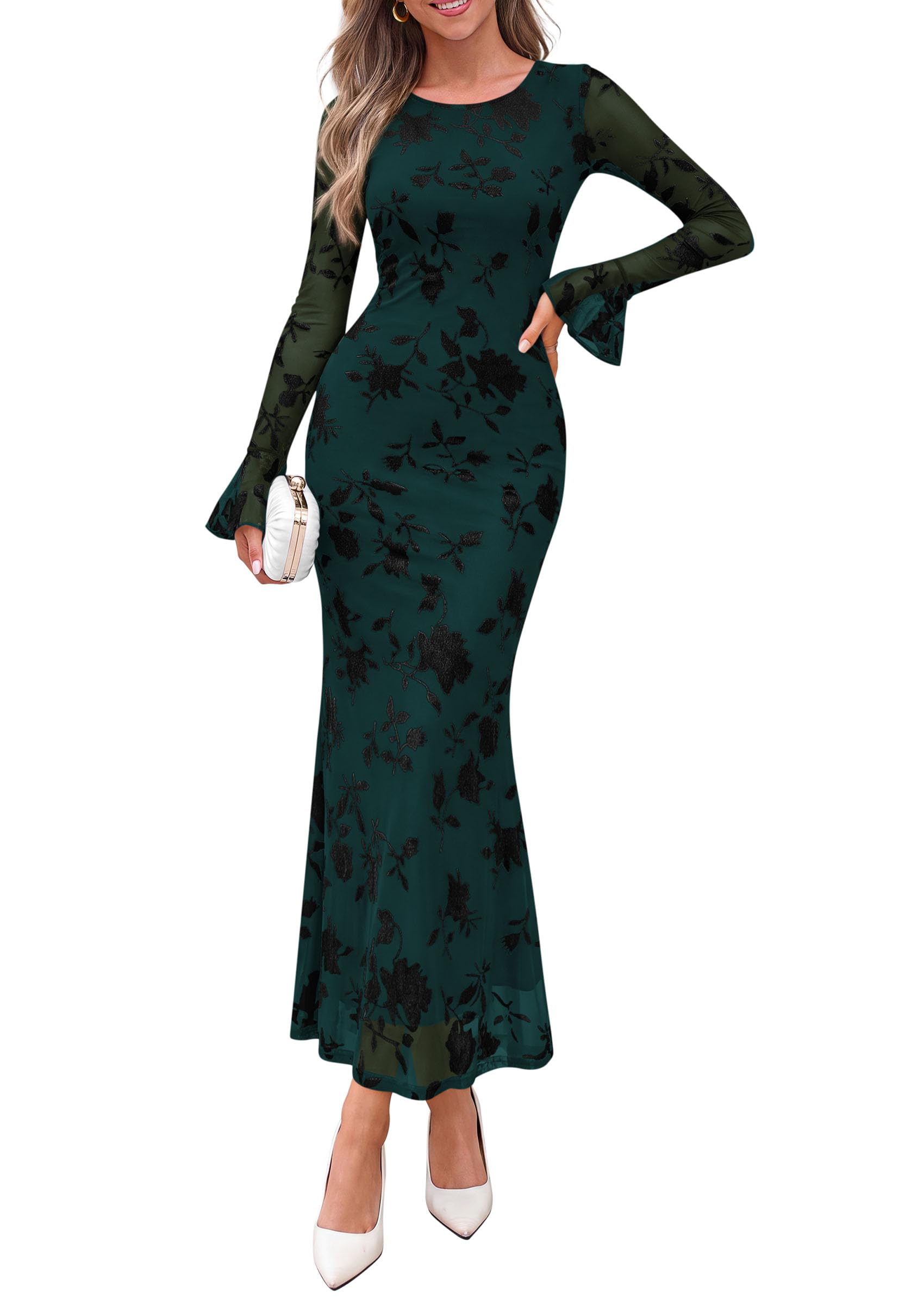 Women's Long Sleeve Maxi Floral Mesh Fall Wedding Guest Dress