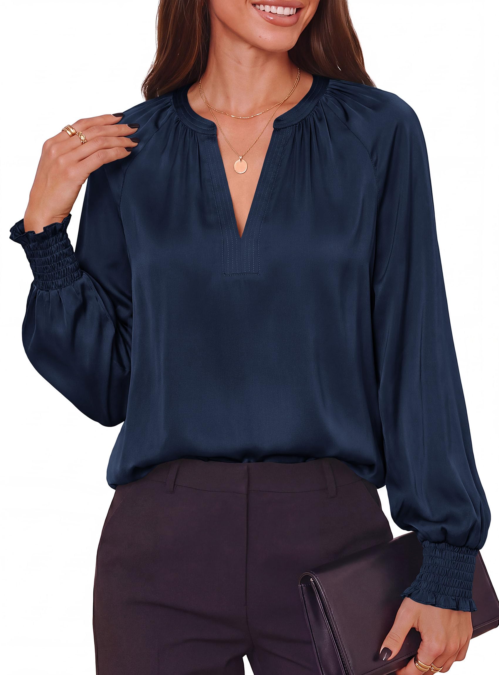 Women's Satin Blouses V Neck Long Sleeve Tops,Navy Blue,S