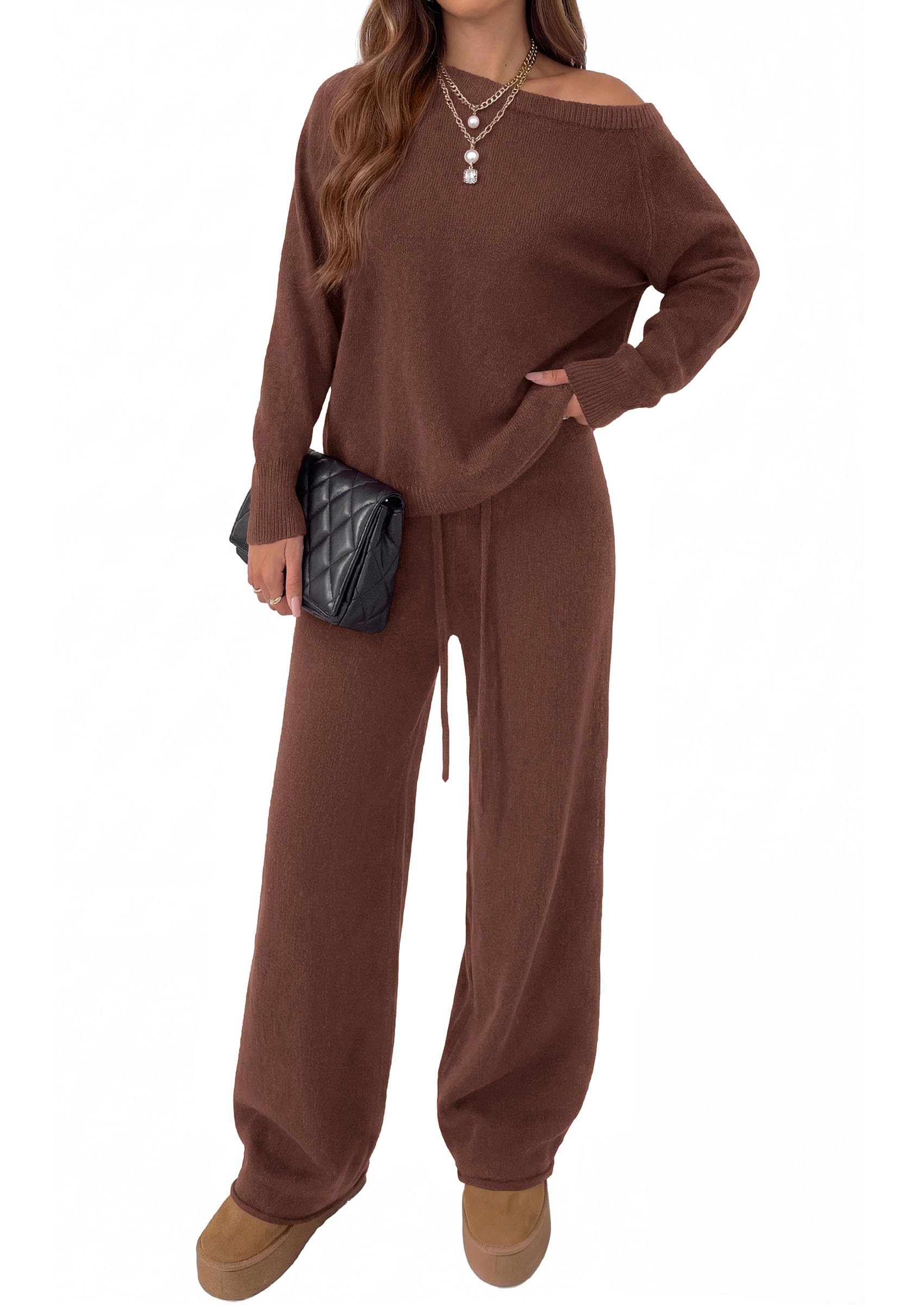 Lounge Sets Womens Sweaters Two Piece Outfits (Brown,S)