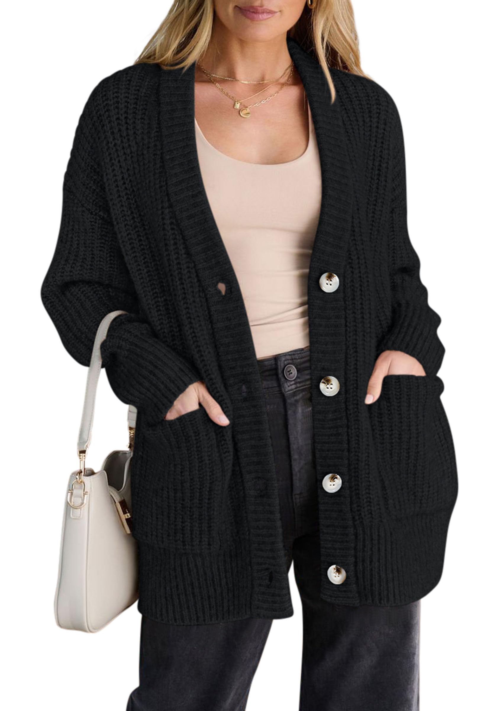 Oversized Cardigan Sweaters for Women Button Up,Black,S