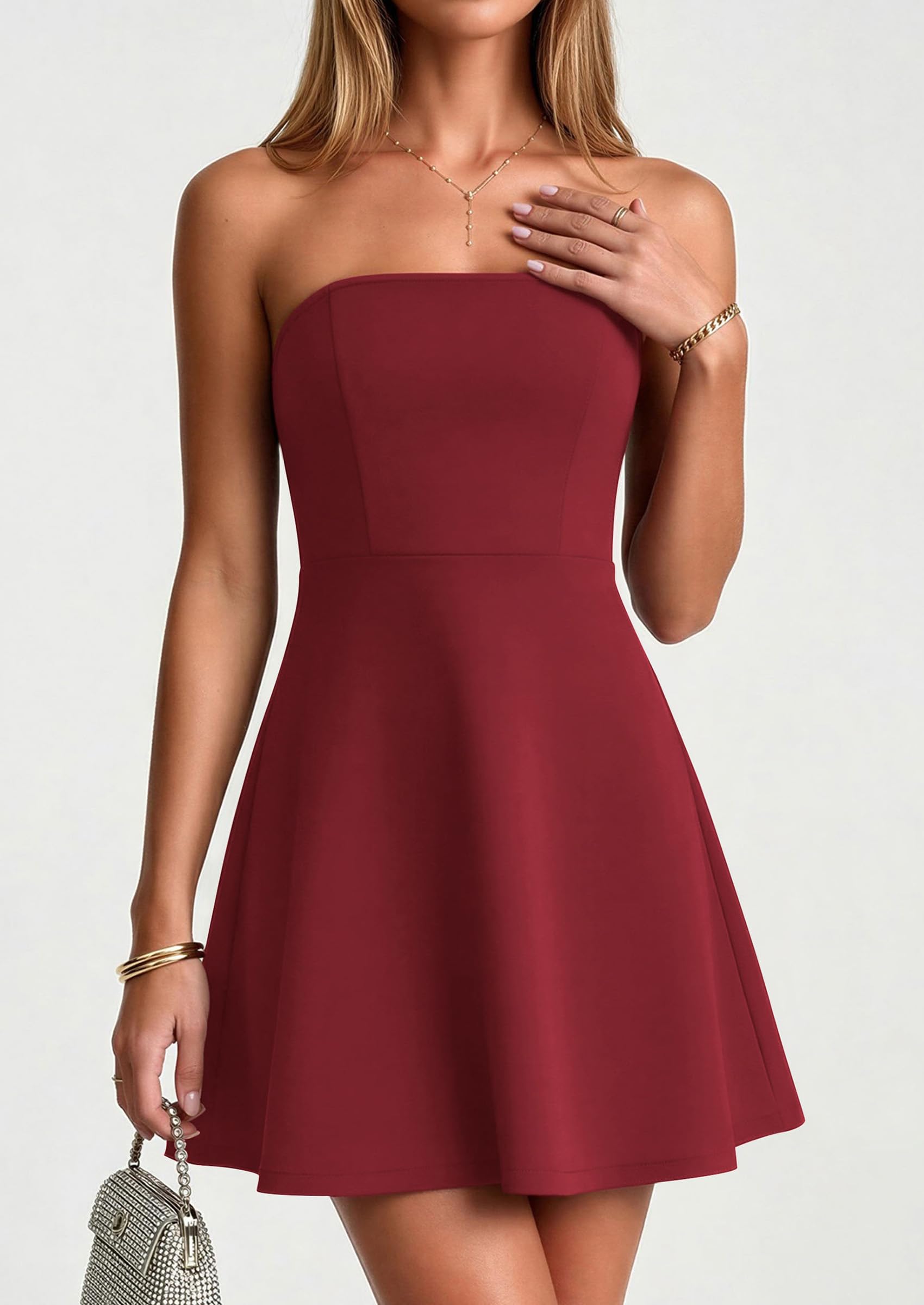 Women's Strapless A Line Mini Summer Dresses Wine Red,XS