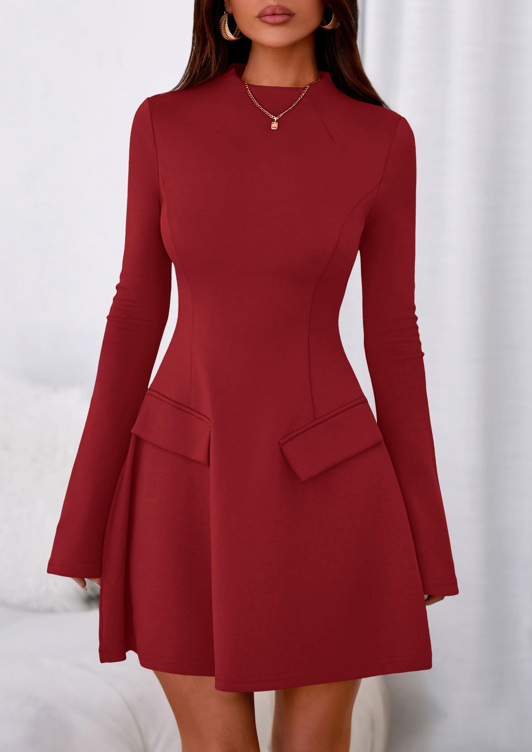 Women's Fall Bell Sleeve Short Dress,Red,XS
