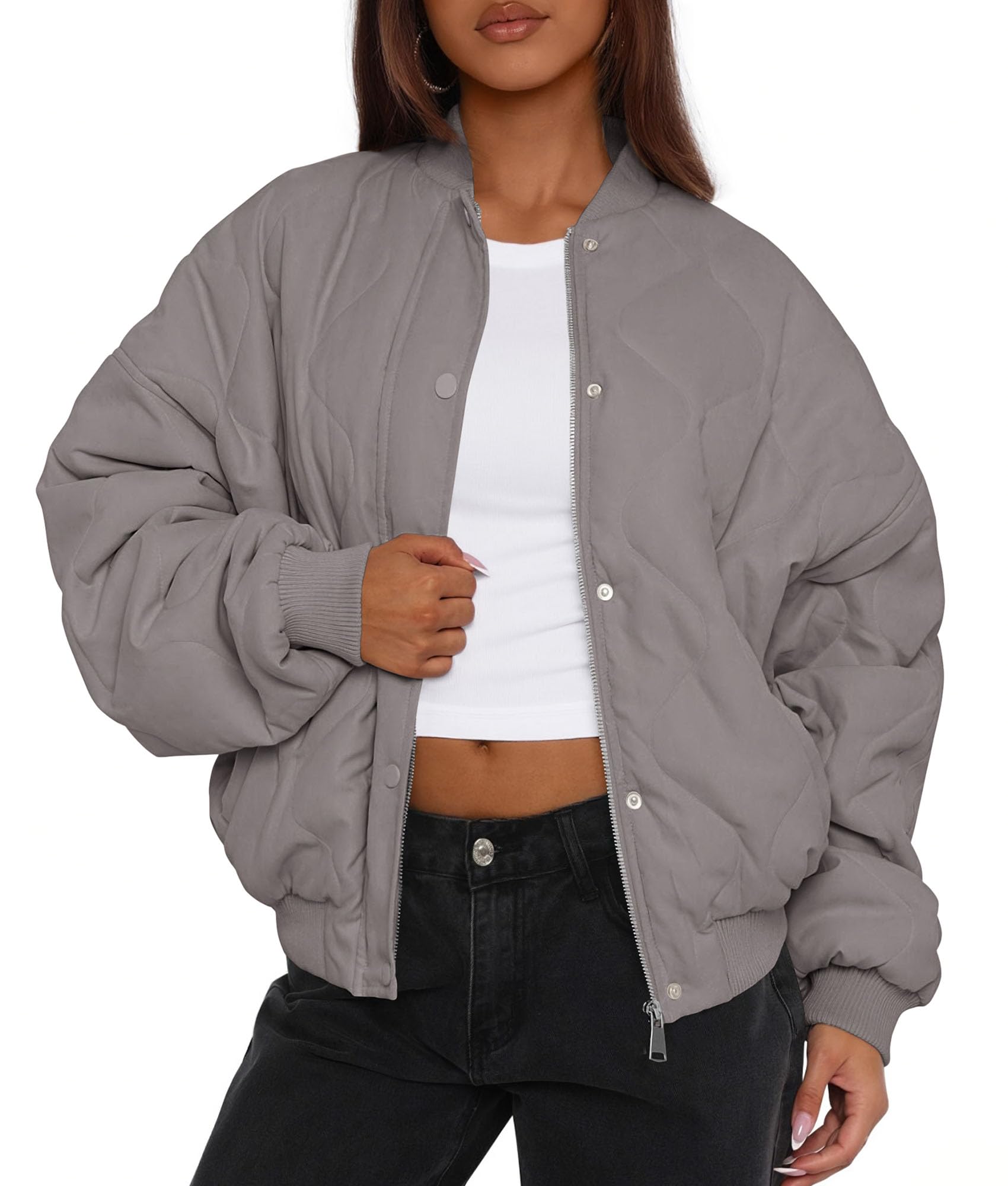 Women's Quilted Bomber Jacket Fall Fashion 2026 Lightweight Cropped Zip up Outerwear Winter Puffer Coats Pockets (Grey,Small)