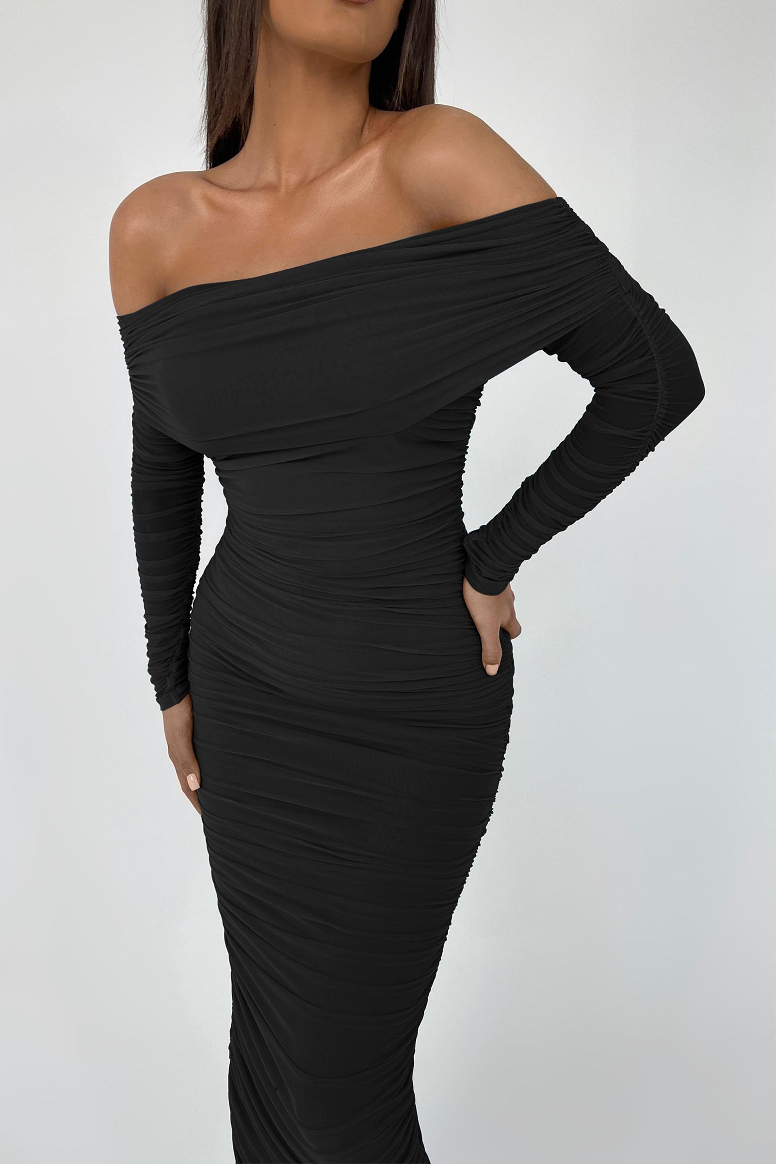 Women's Off the Shoulder Maxi Bodycon Dress, Black,S