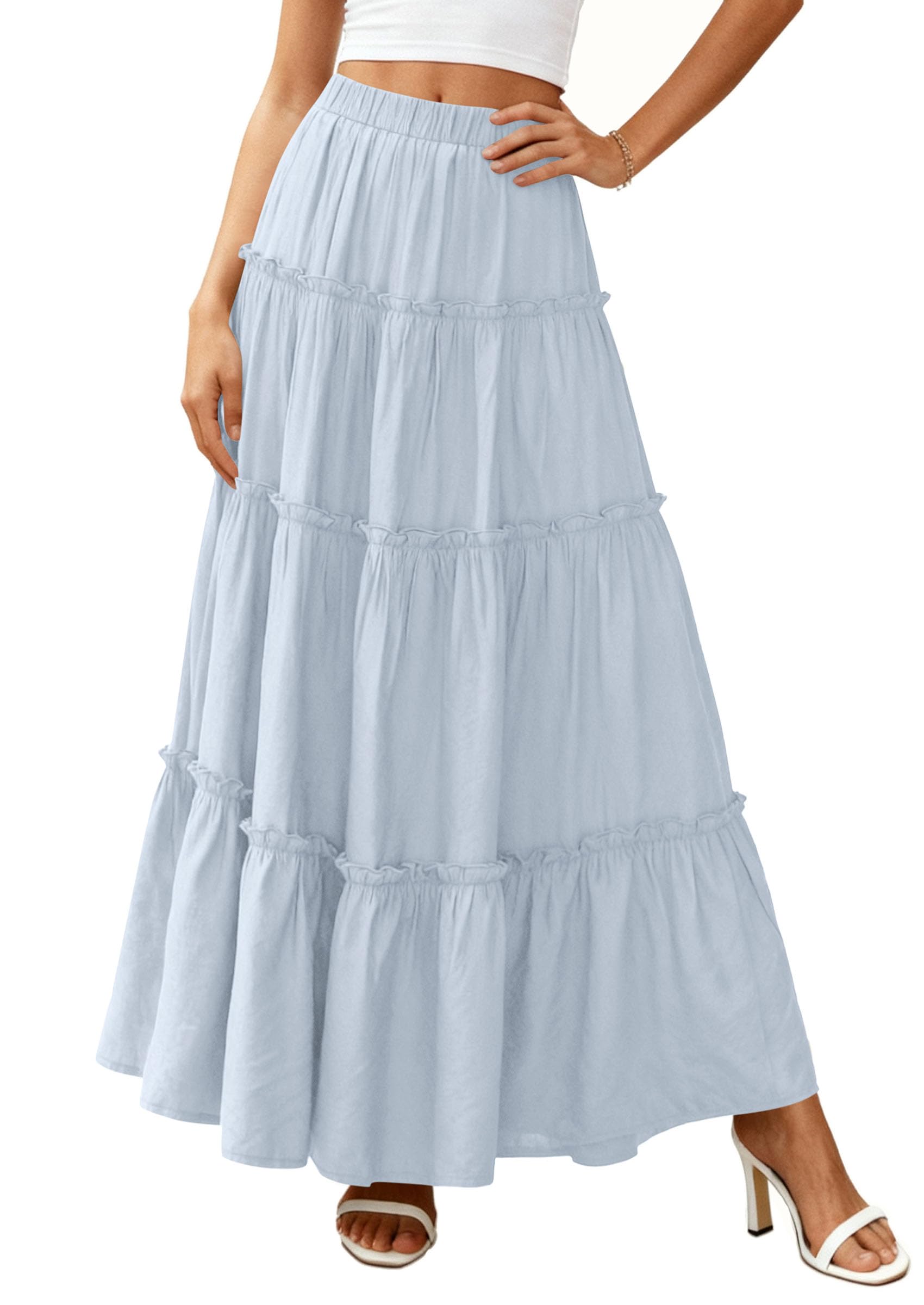 Women's Boho Tiered Ruffle Flowy Maxi Skirt, Light Blue,S