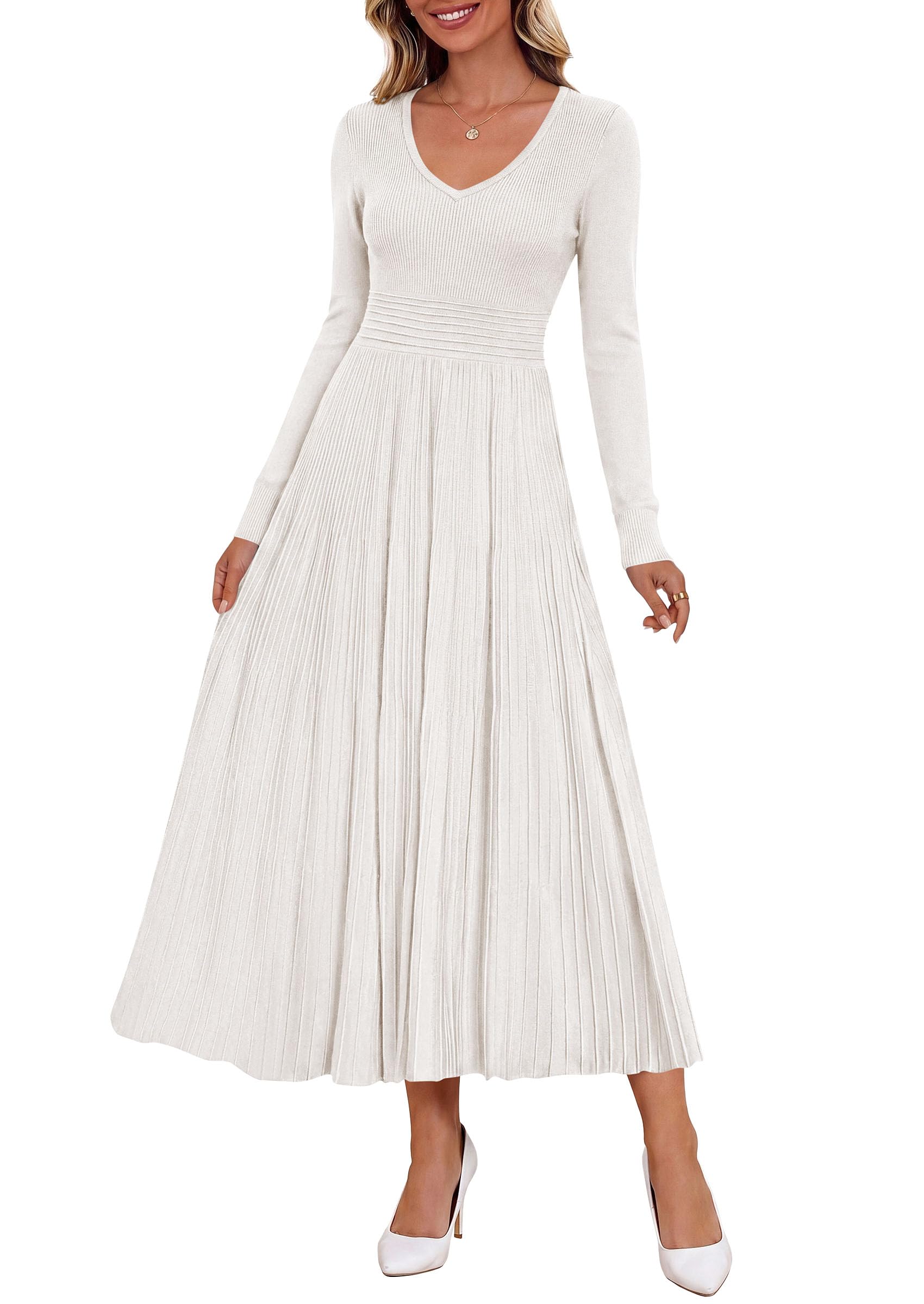 Women's Fall V Neck Pleated Midi Sweater Dress,White,S