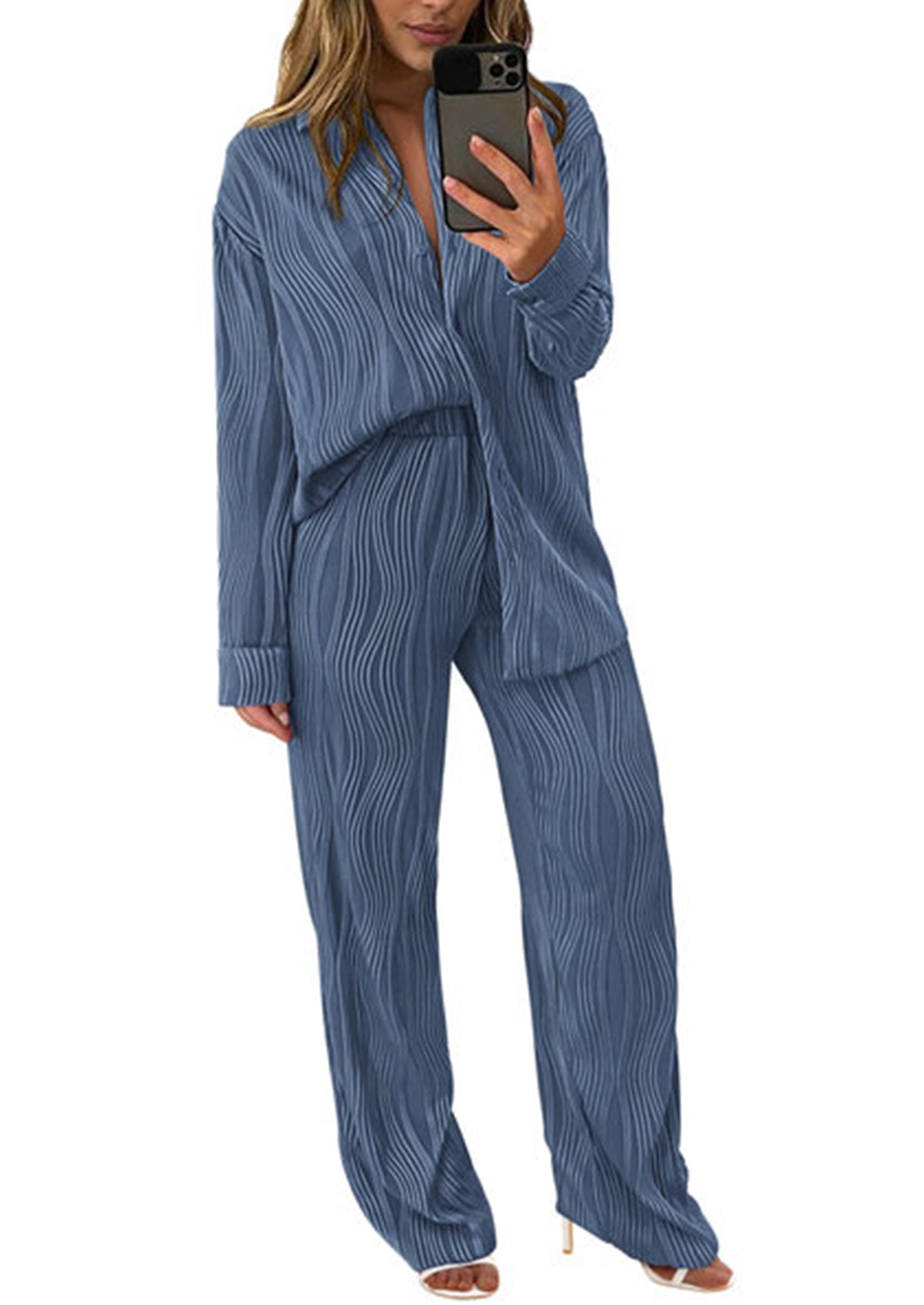 Womens 2 Piece Sets Button Down Lounge Tracksuit,Grey Blue,S