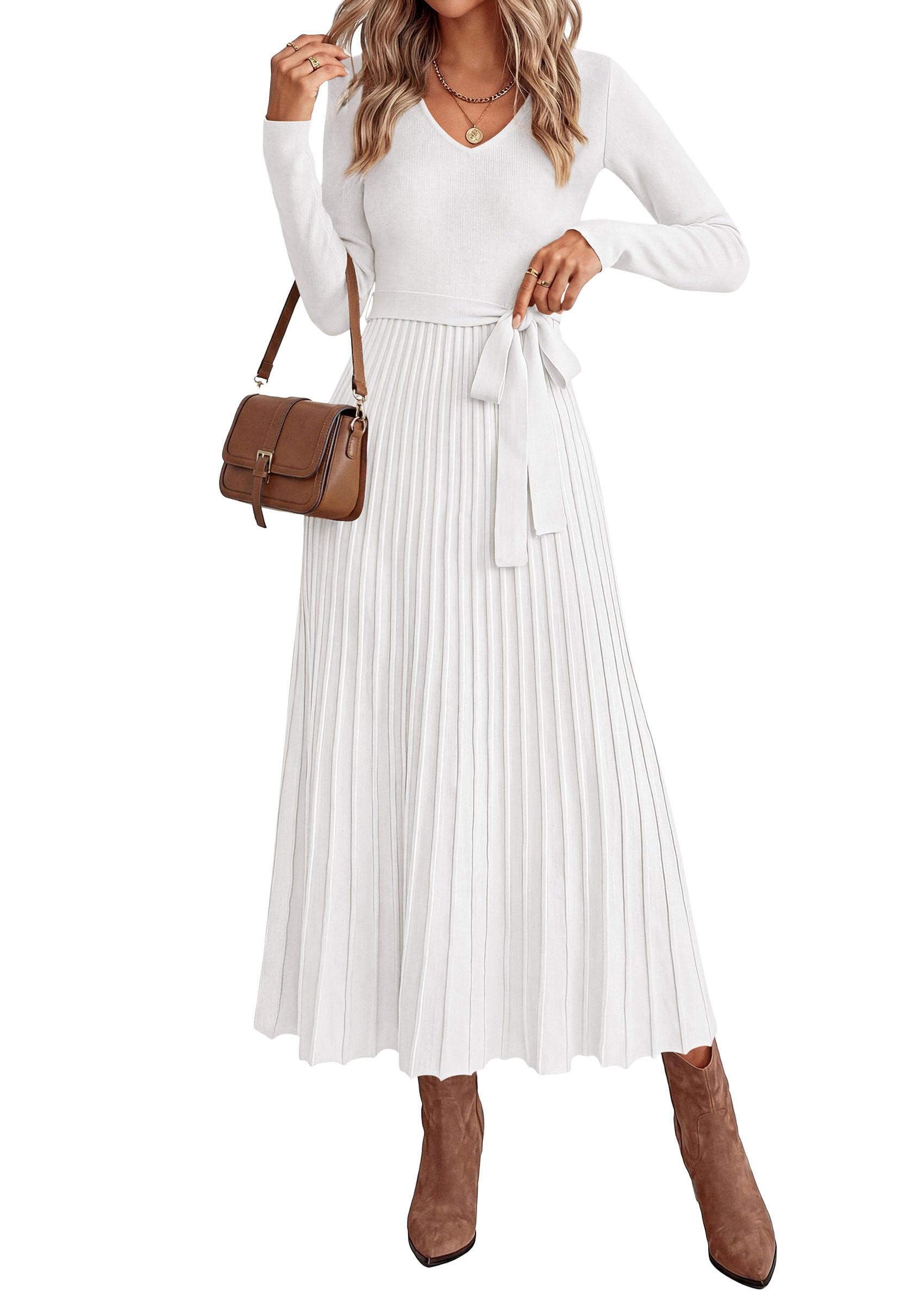 Womens Fall Maxi Long Sleeve Sweater Dress,White,S