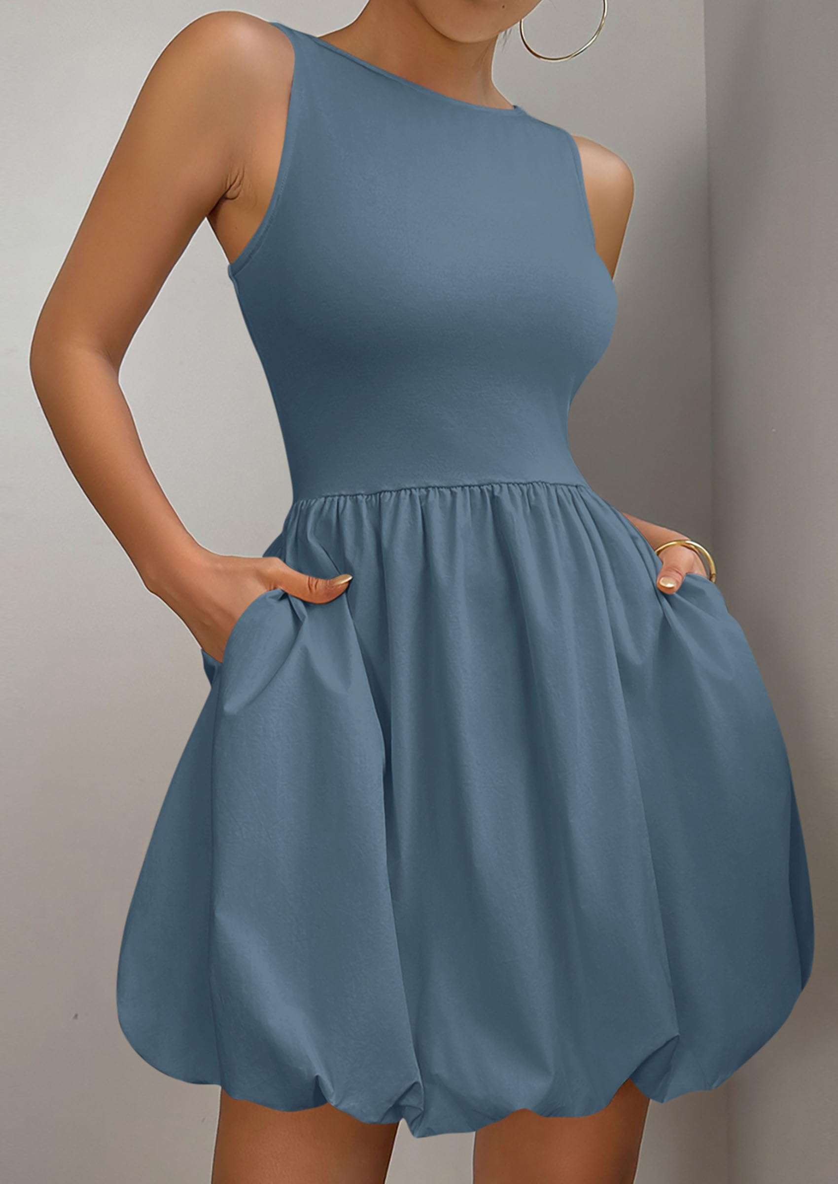 Womens Summer Bubble Sleeveless Mini Dress,Grey Blue,S