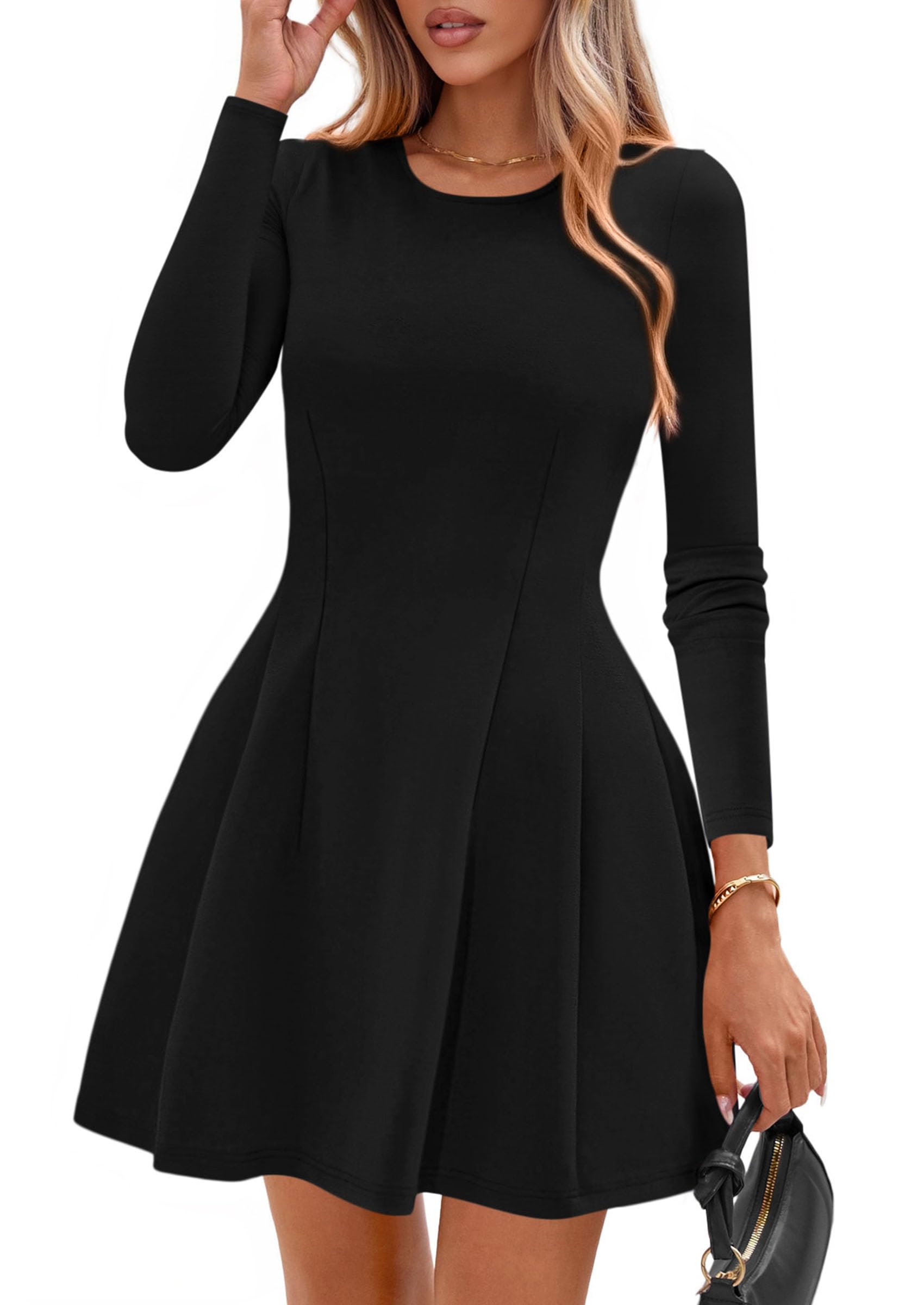 Womens Long Sleeve Pleated Mini Dress,Black,XS
