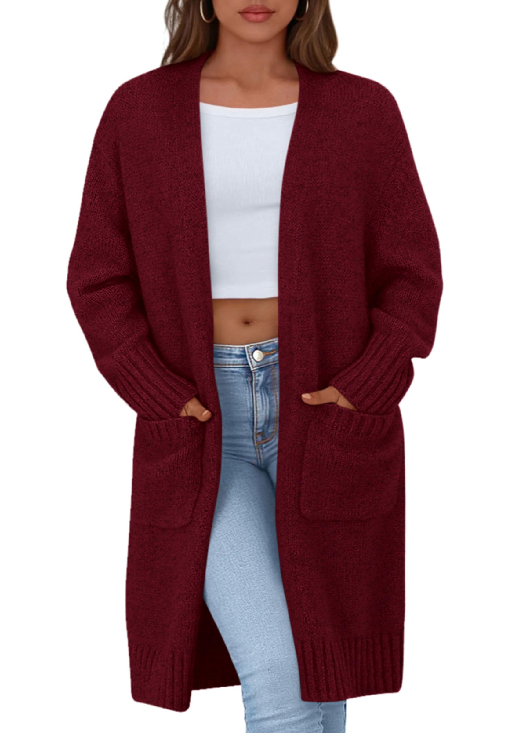Open Front Cardigan Sweaters for Women,Wine Red,S