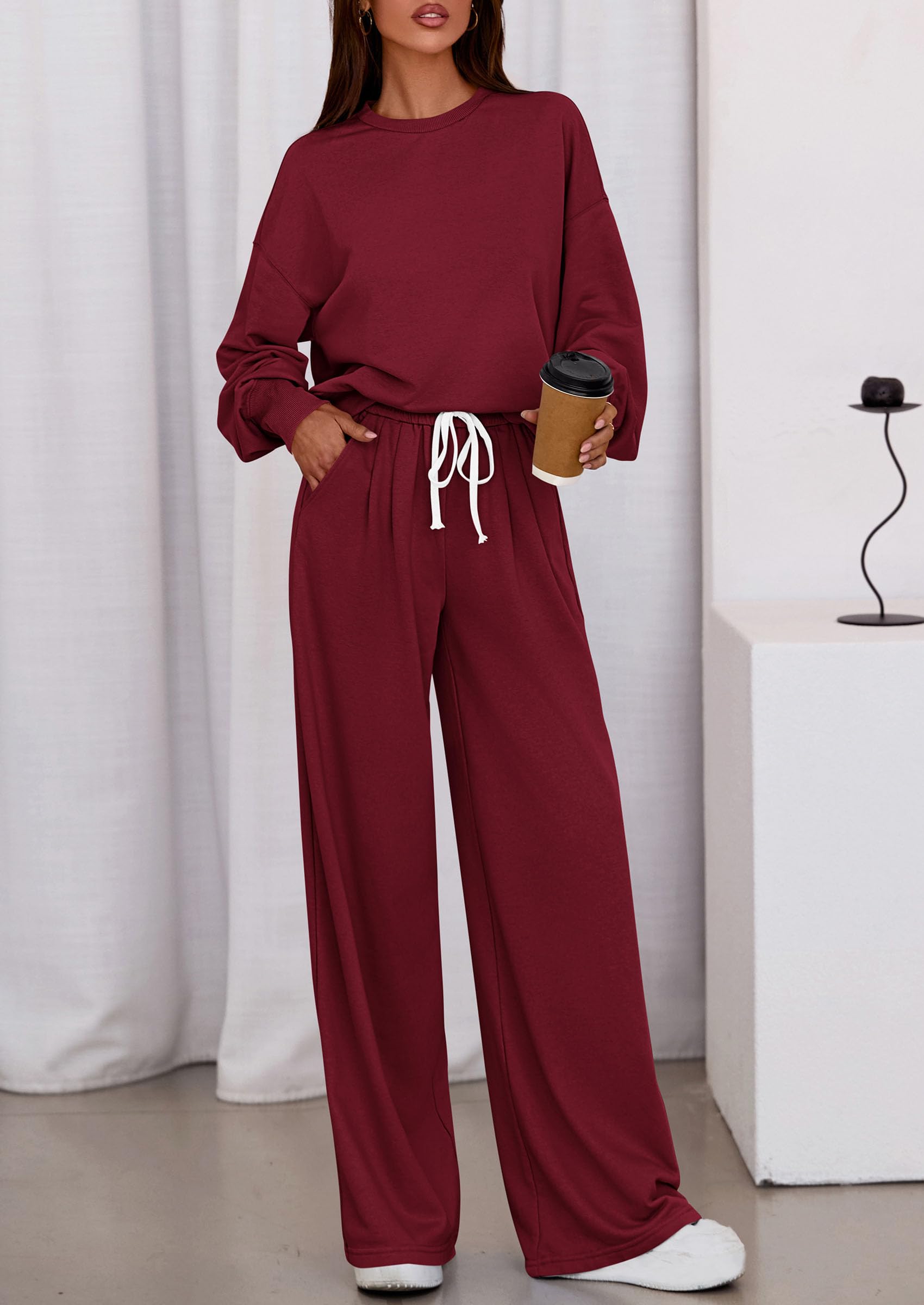 Womens Loose Fit Casual 2 Piece Lounge Set,Wine Red,S